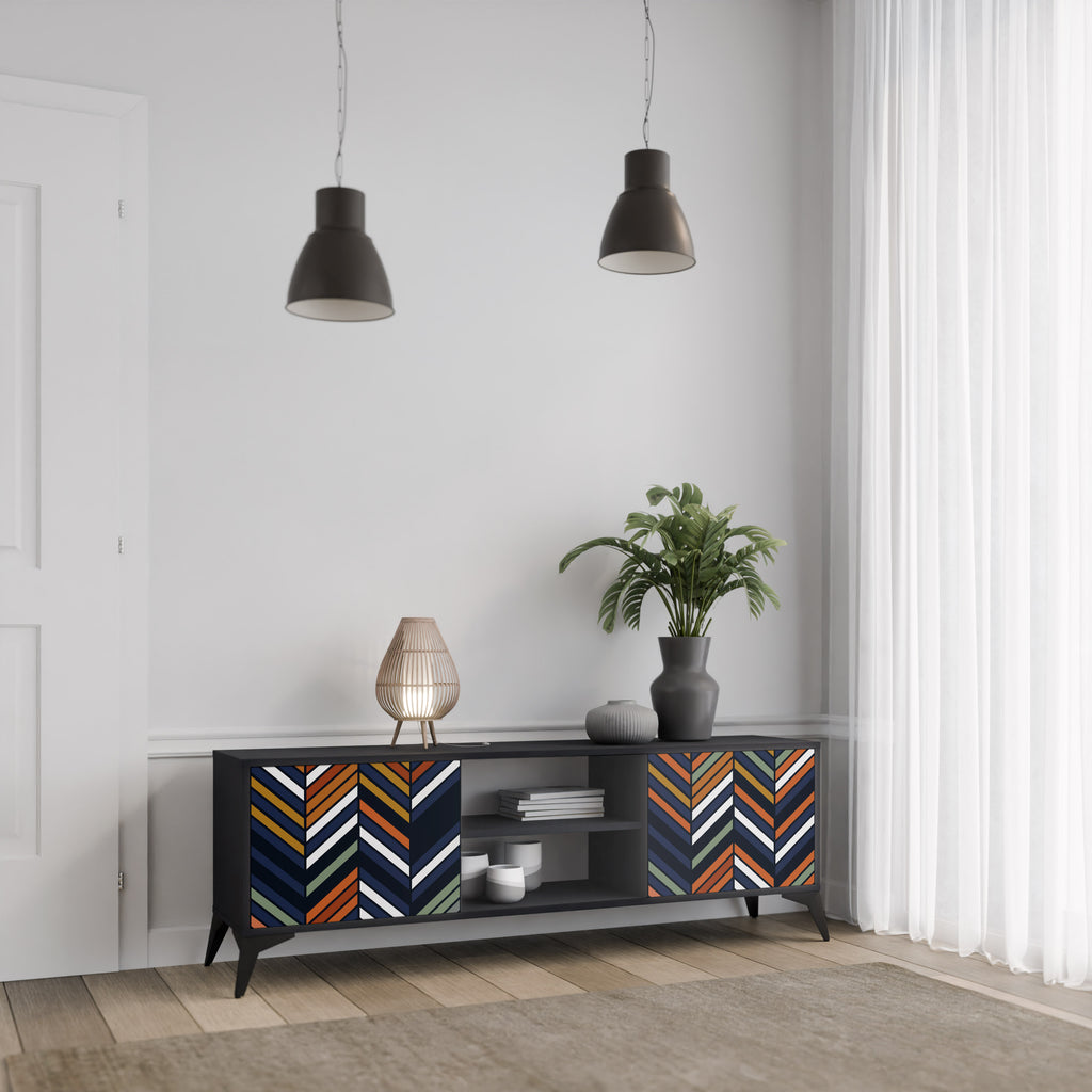 Mueble de TV de 2 puertas con diseño de parches vibrantes en acabado negro