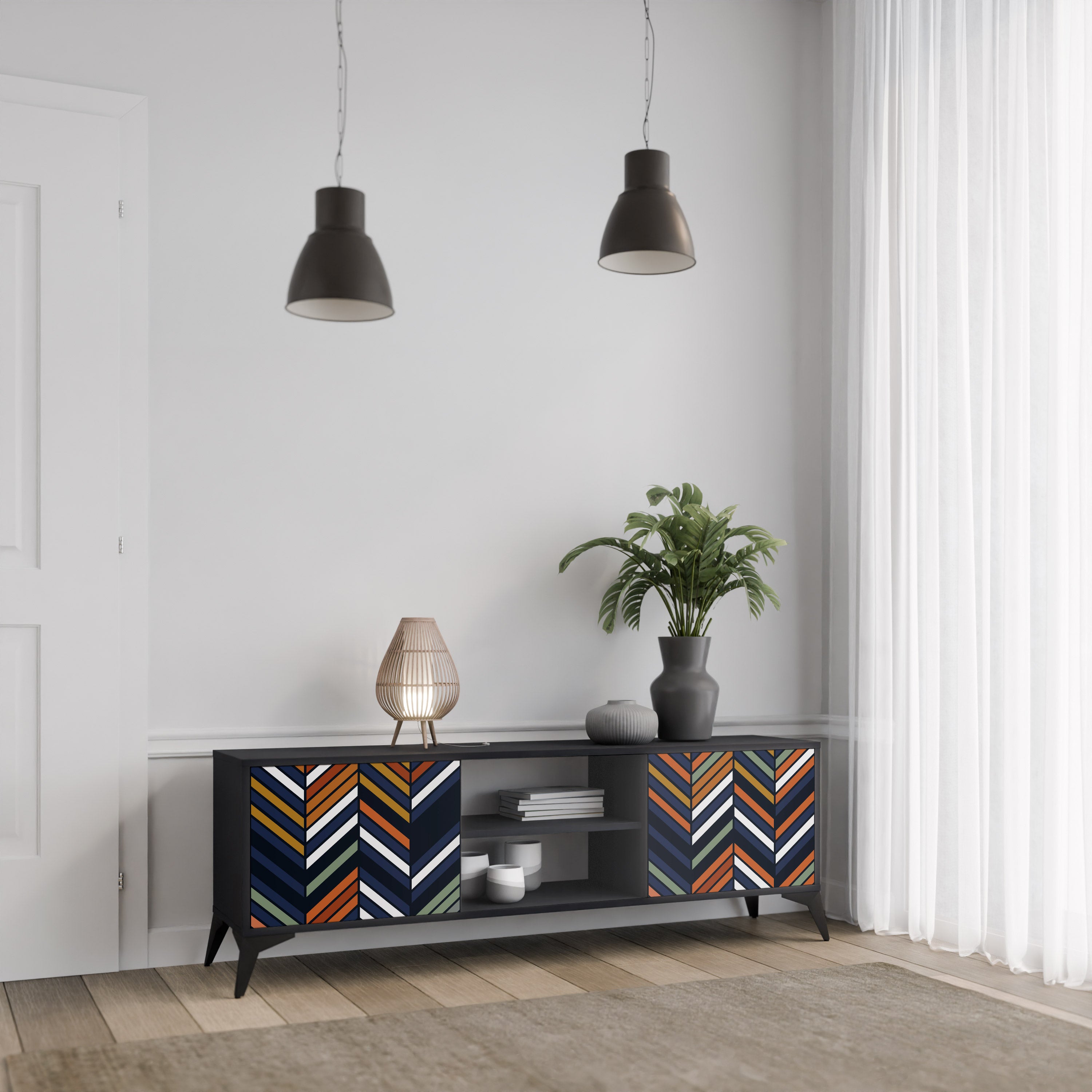 Mueble de TV de 2 puertas con diseño de parches vibrantes en acabado negro