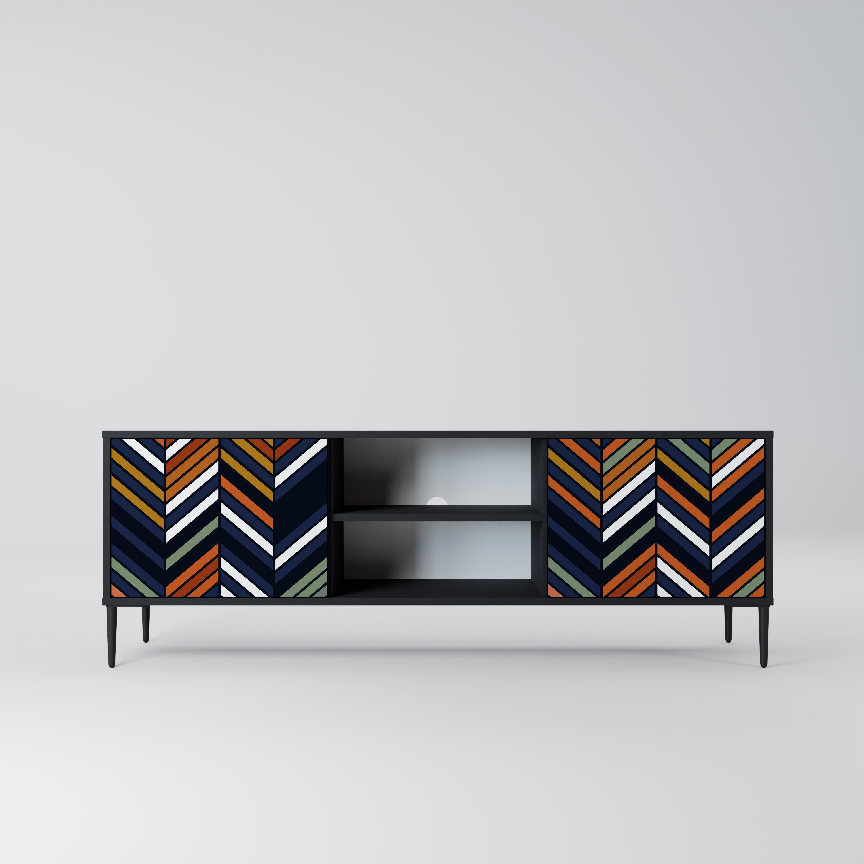 Mueble de TV de 2 puertas con diseño de parches vibrantes en acabado negro