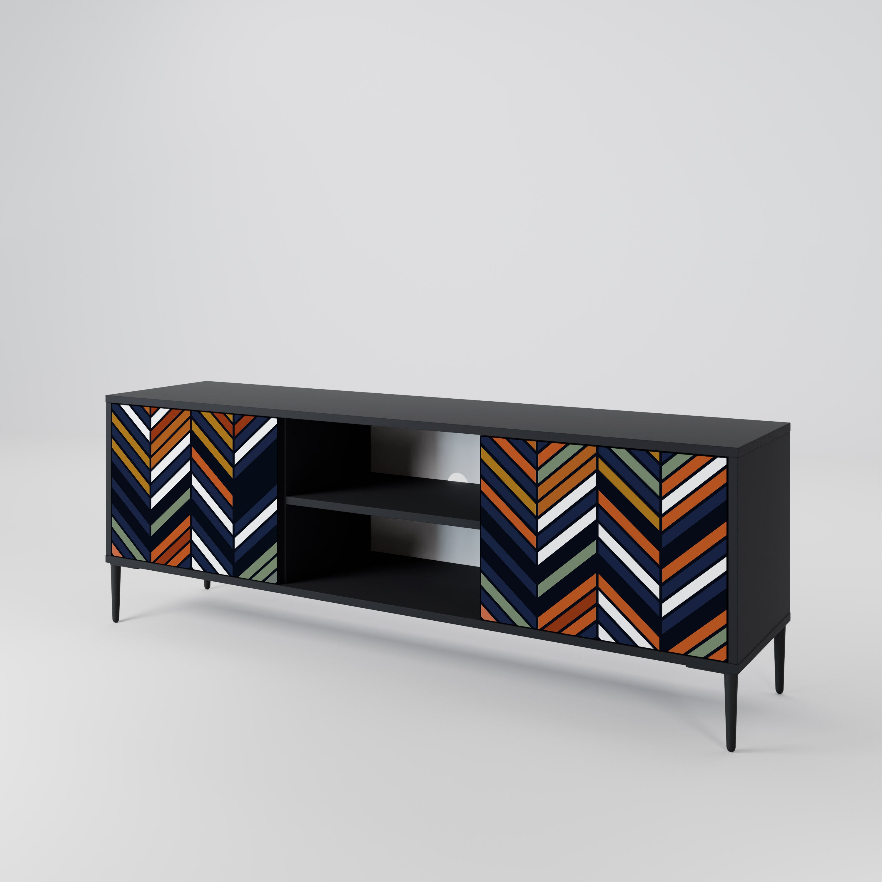 Mueble de TV de 2 puertas con diseño de parches vibrantes en acabado negro