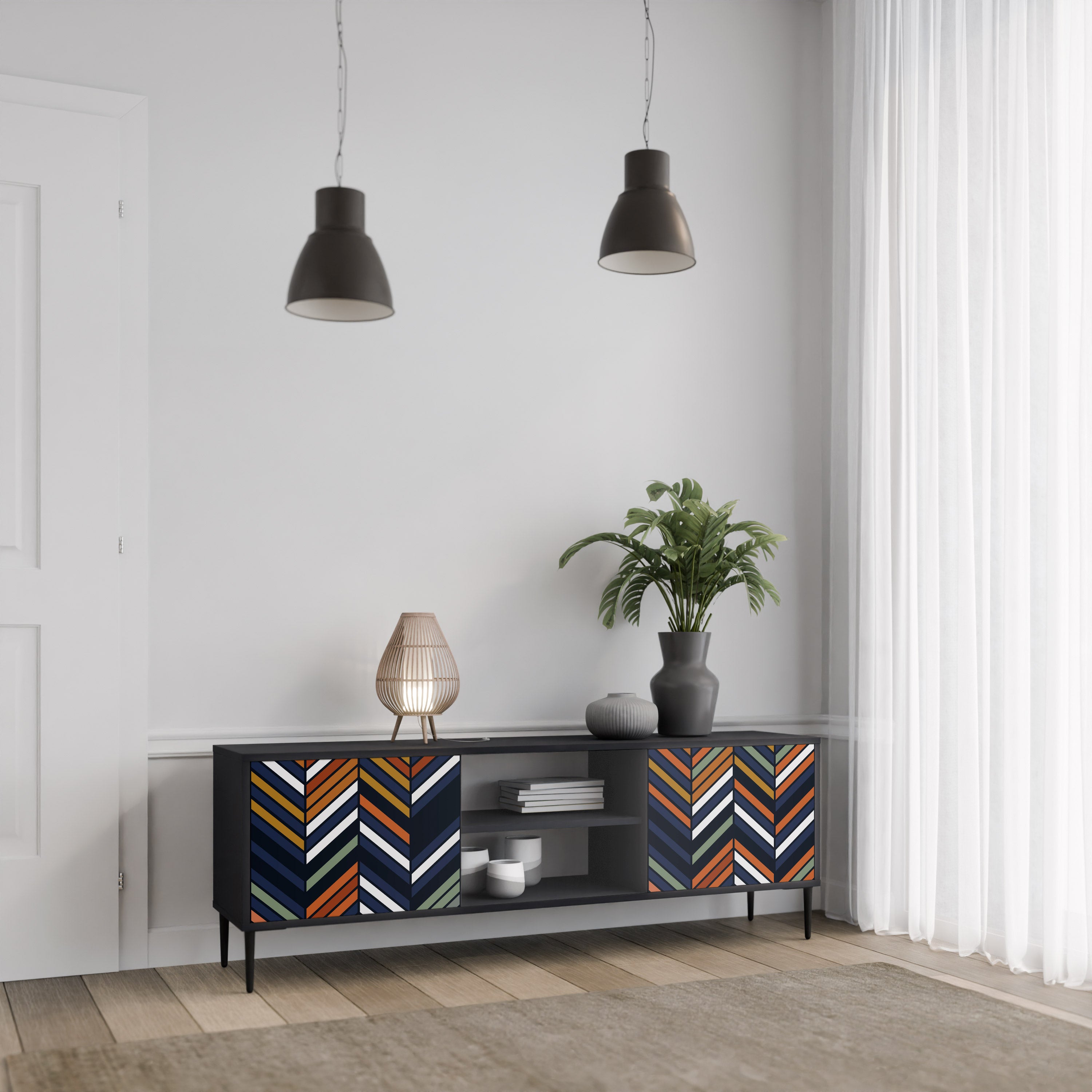 Mueble de TV de 2 puertas con diseño de parches vibrantes en acabado negro