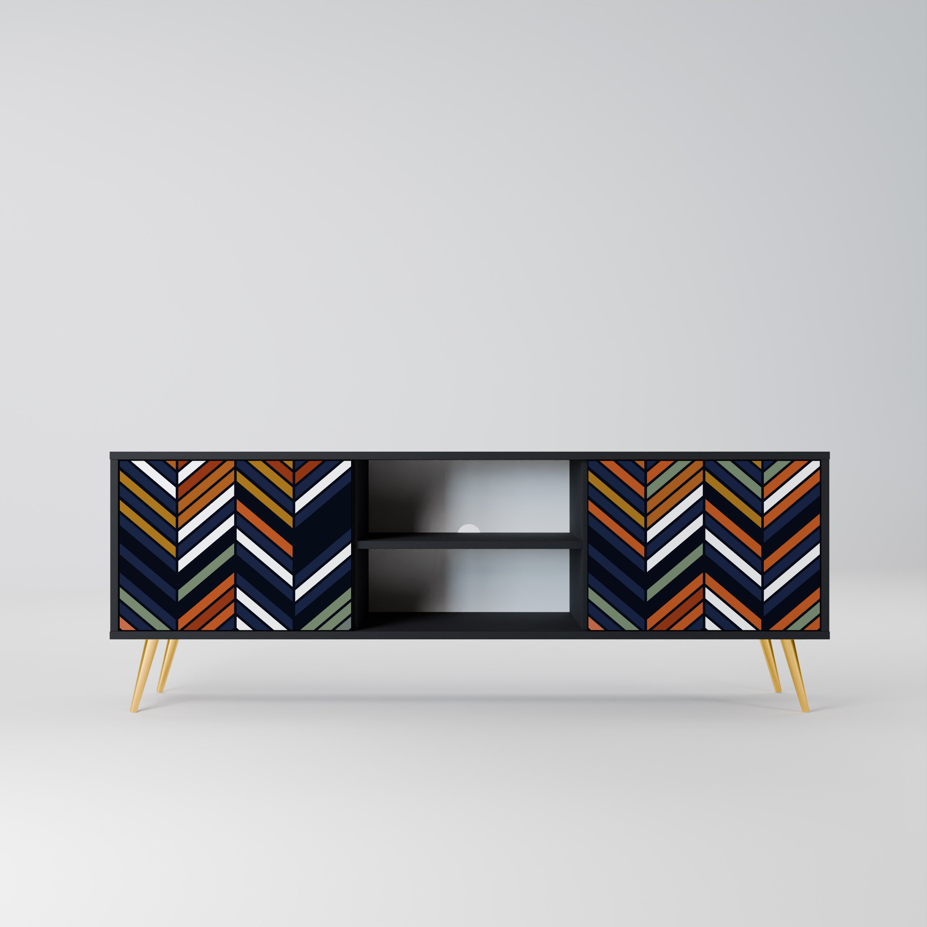Mueble de TV de 2 puertas con diseño de parches vibrantes en acabado negro