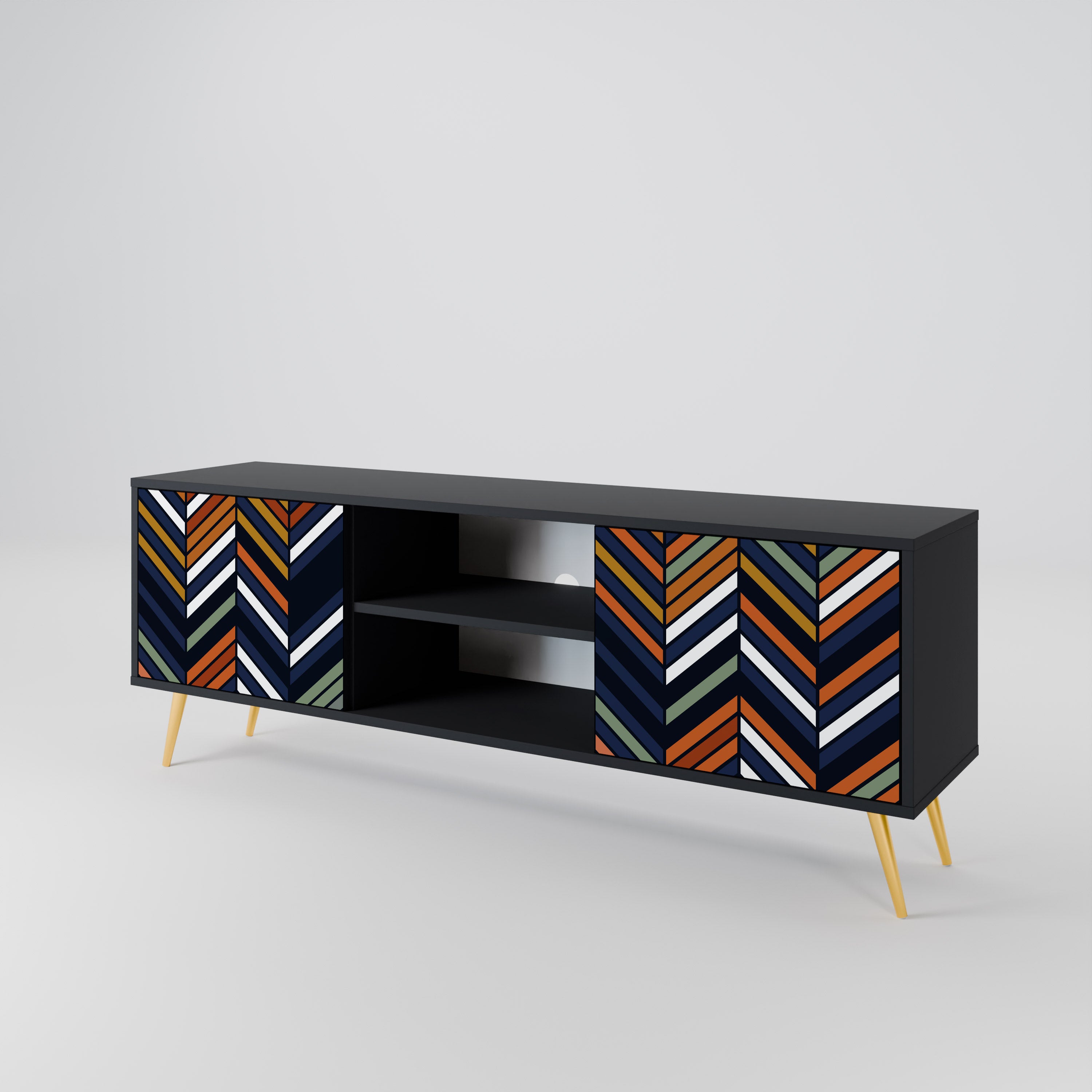Mueble de TV de 2 puertas con diseño de parches vibrantes en acabado negro