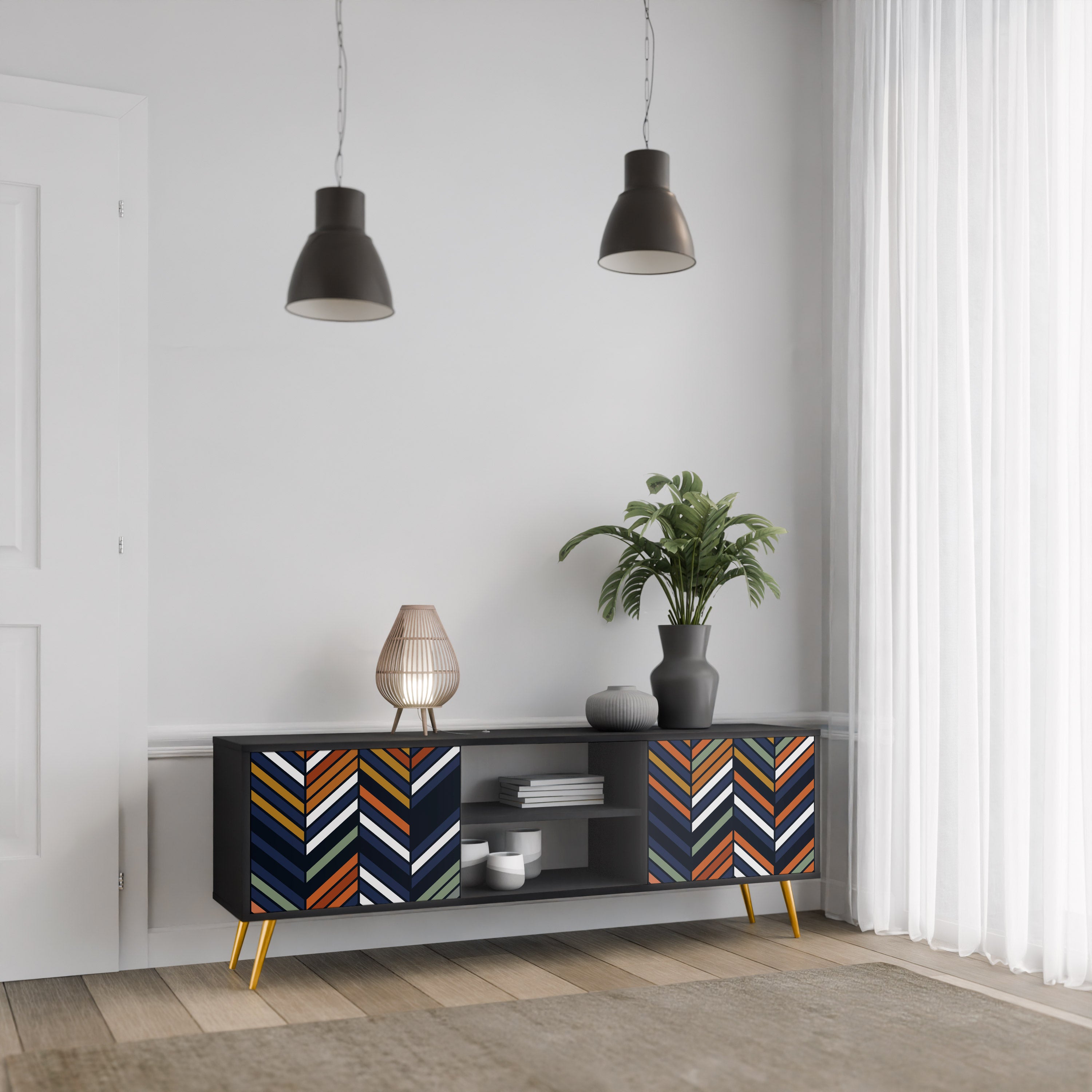 Mueble de TV de 2 puertas con diseño de parches vibrantes en acabado negro