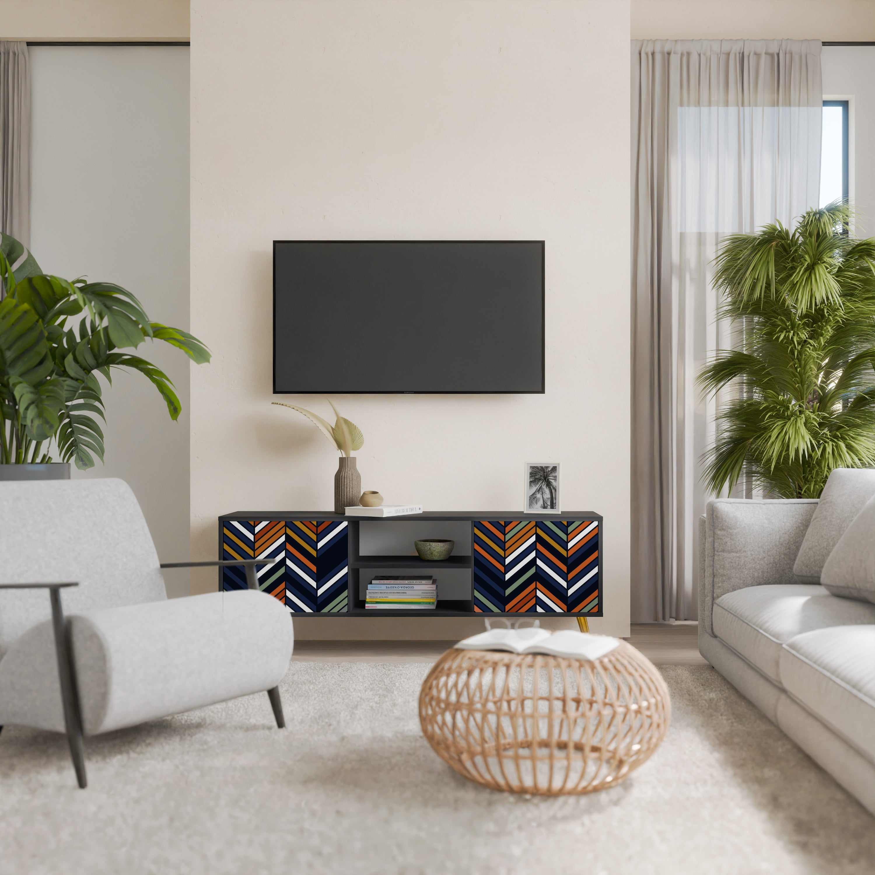 Mueble de TV de 2 puertas con diseño de parches vibrantes en acabado negro