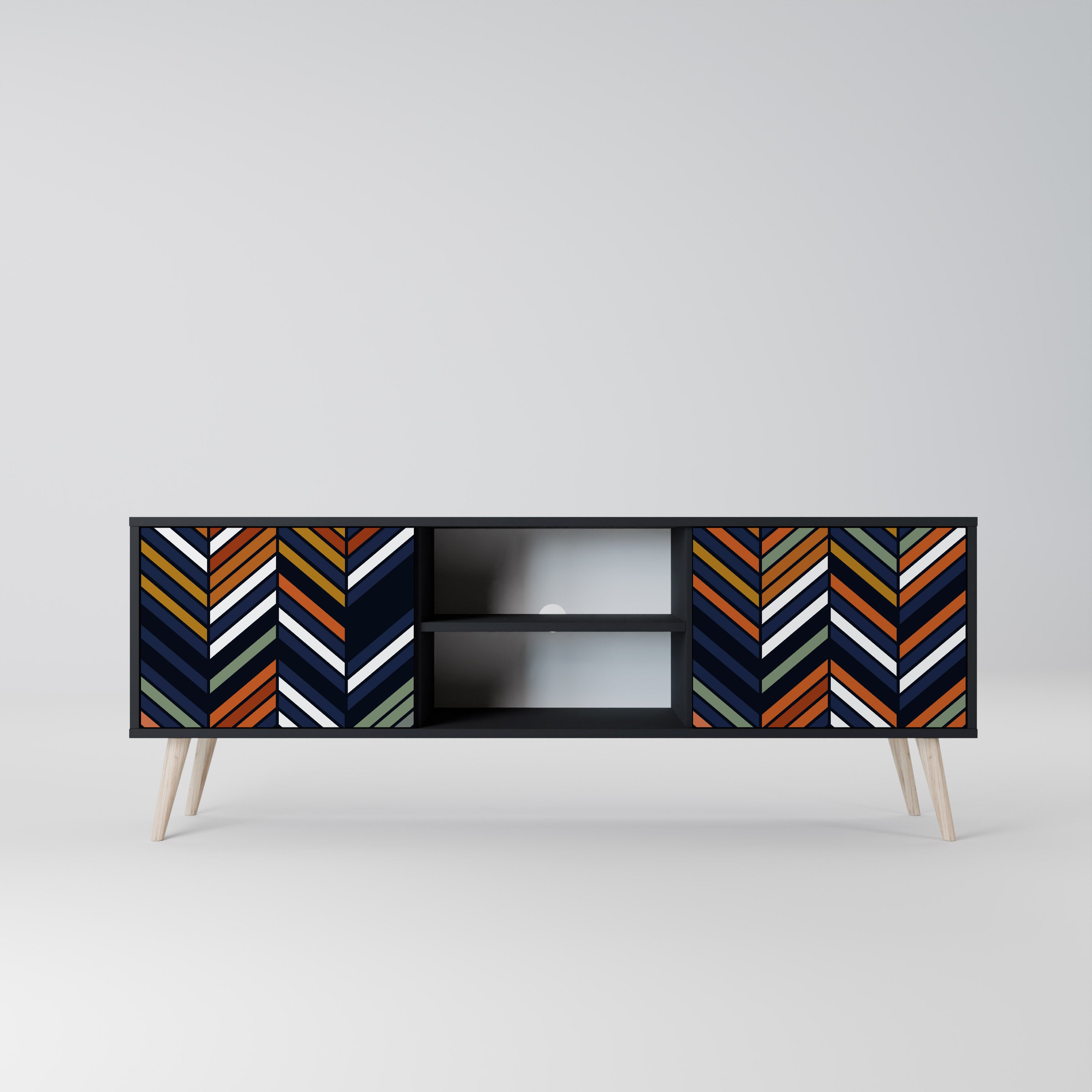 Mueble de TV de 2 puertas con diseño de parches vibrantes en acabado negro
