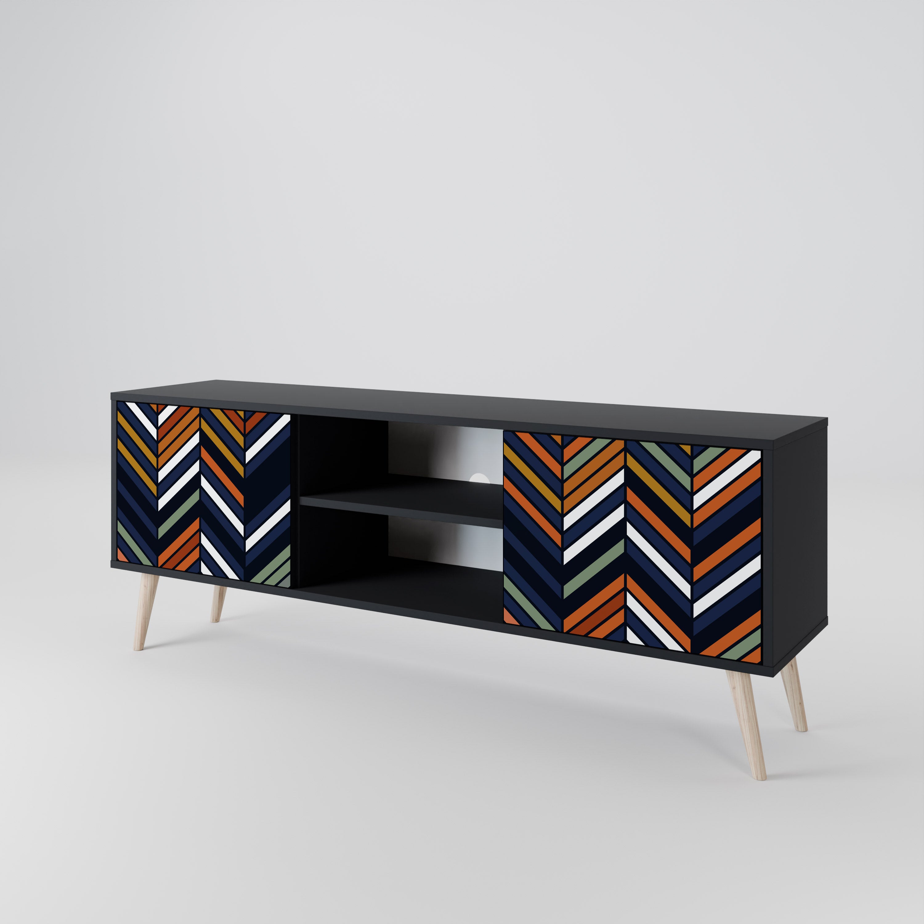 Mueble de TV de 2 puertas con diseño de parches vibrantes en acabado negro