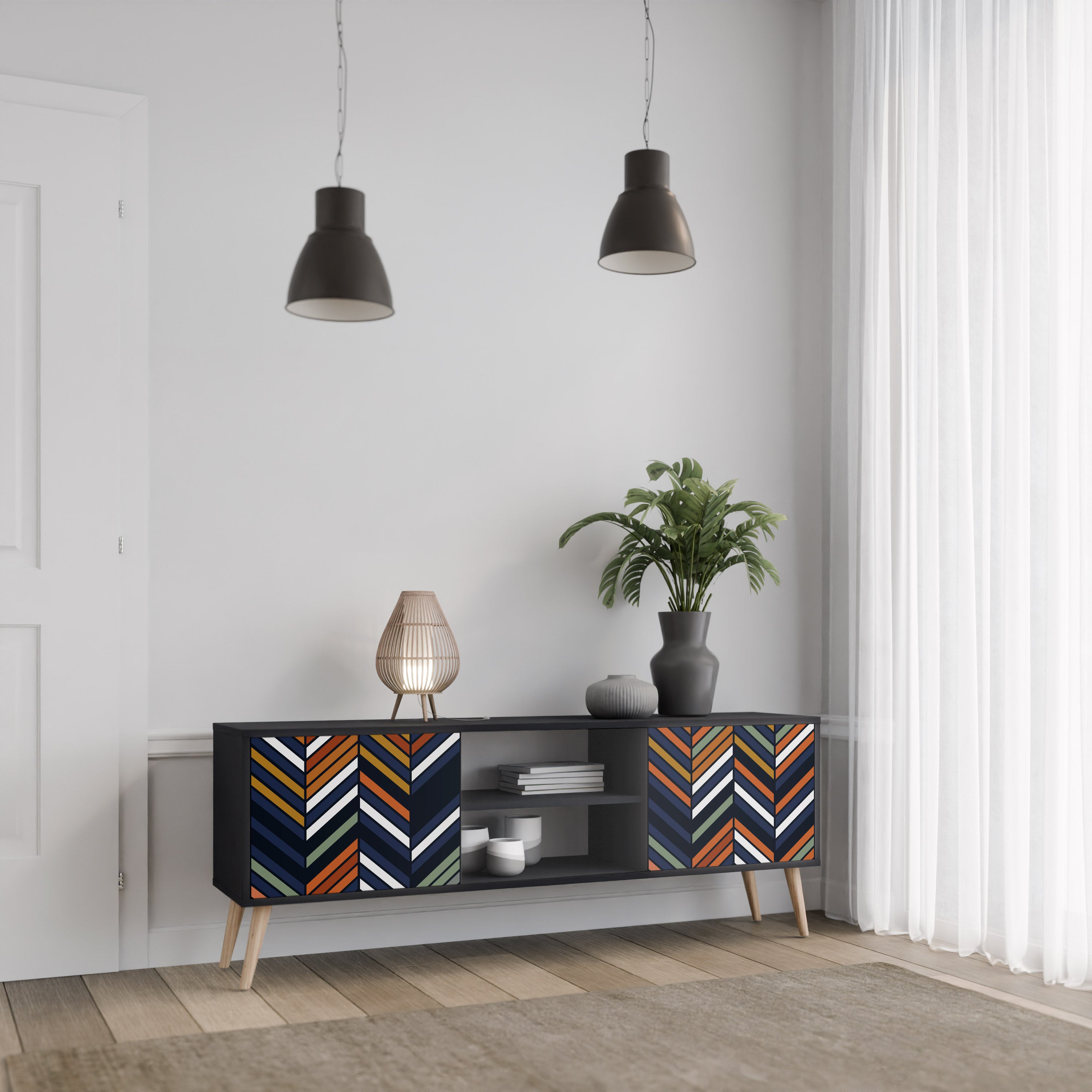 Mueble de TV de 2 puertas con diseño de parches vibrantes en acabado negro