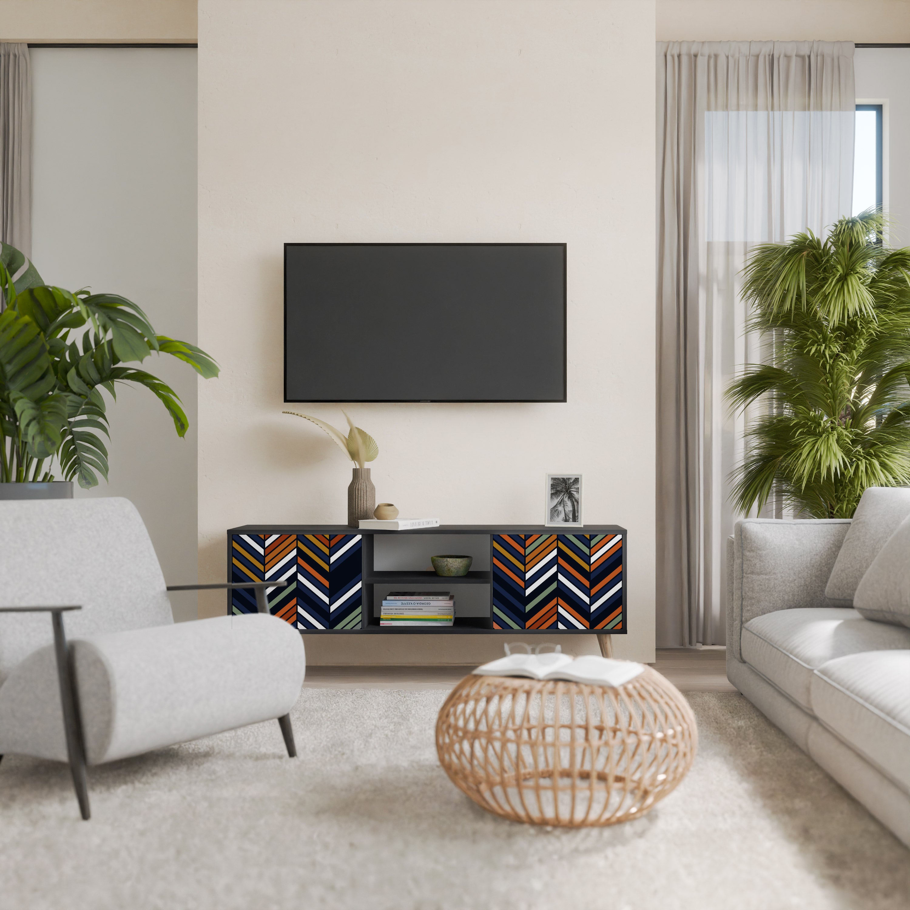 Mueble de TV de 2 puertas con diseño de parches vibrantes en acabado negro