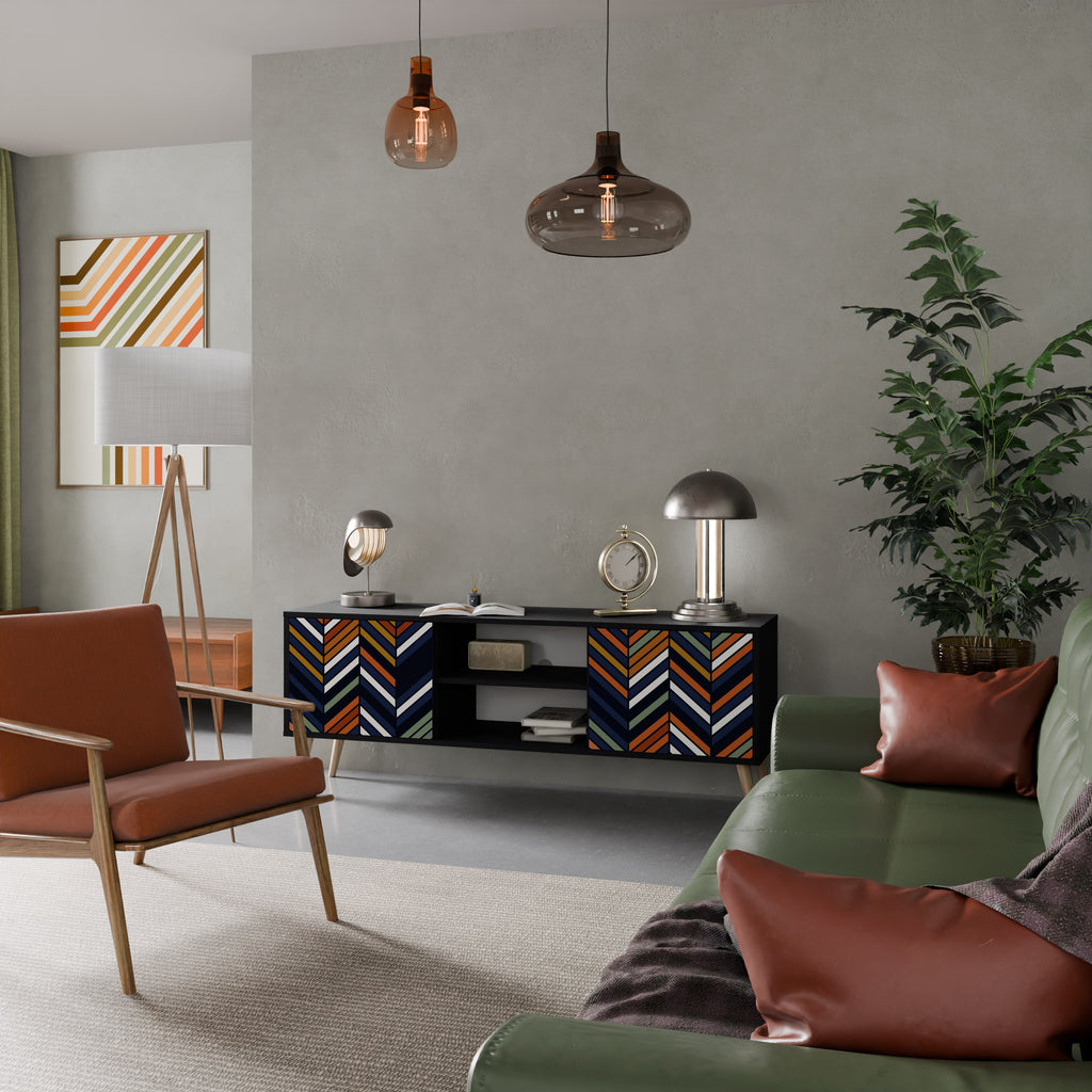 Mueble de TV de 2 puertas con diseño de parches vibrantes en acabado negro