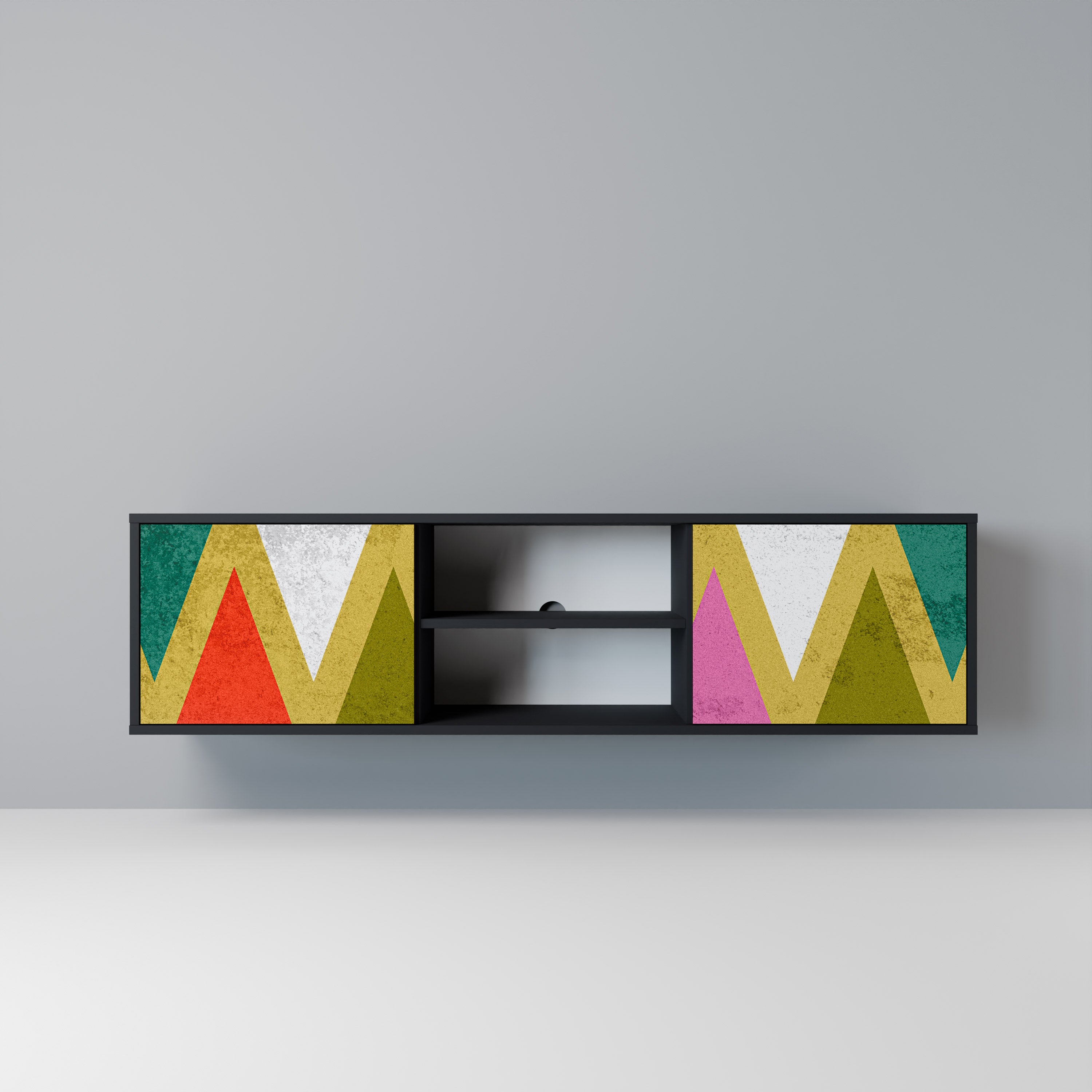 Mueble de TV de 2 puertas COLORFUL TRIANGLES en acabado negro