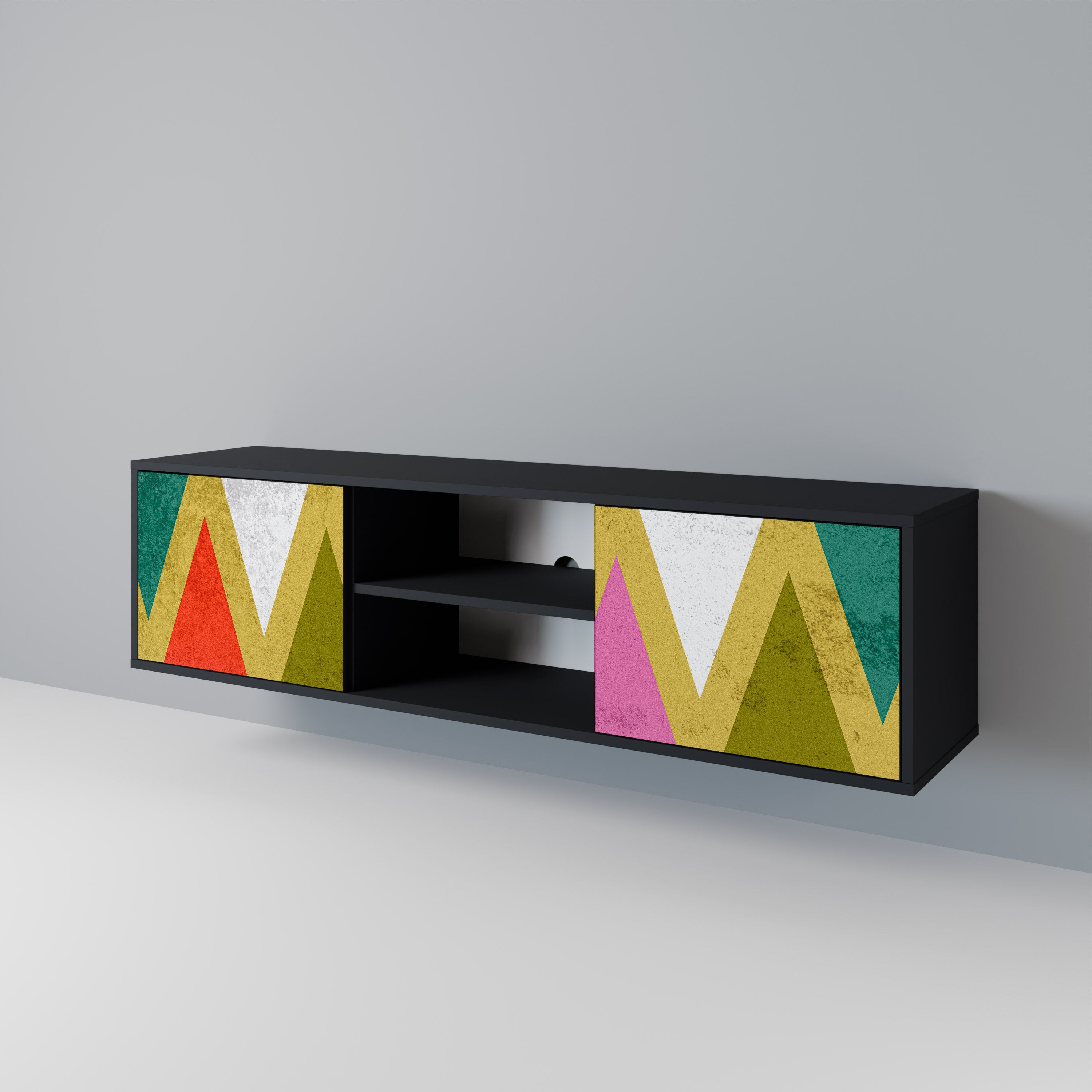 Mueble de TV de 2 puertas COLORFUL TRIANGLES en acabado negro