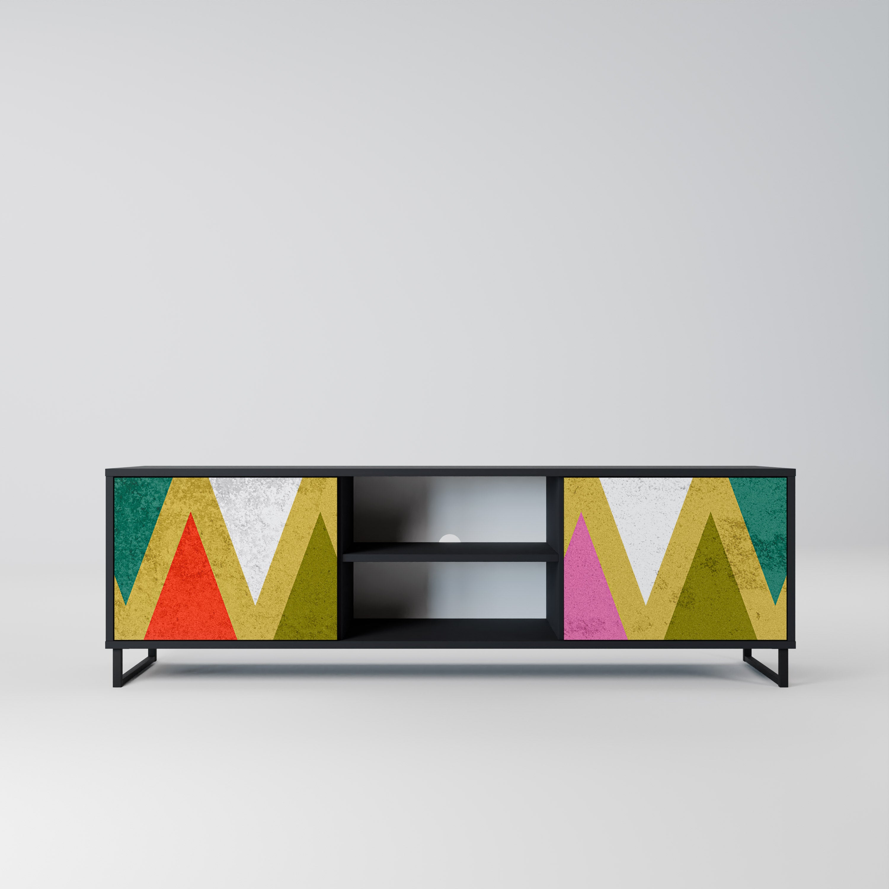 Mueble de TV de 2 puertas COLORFUL TRIANGLES en acabado negro