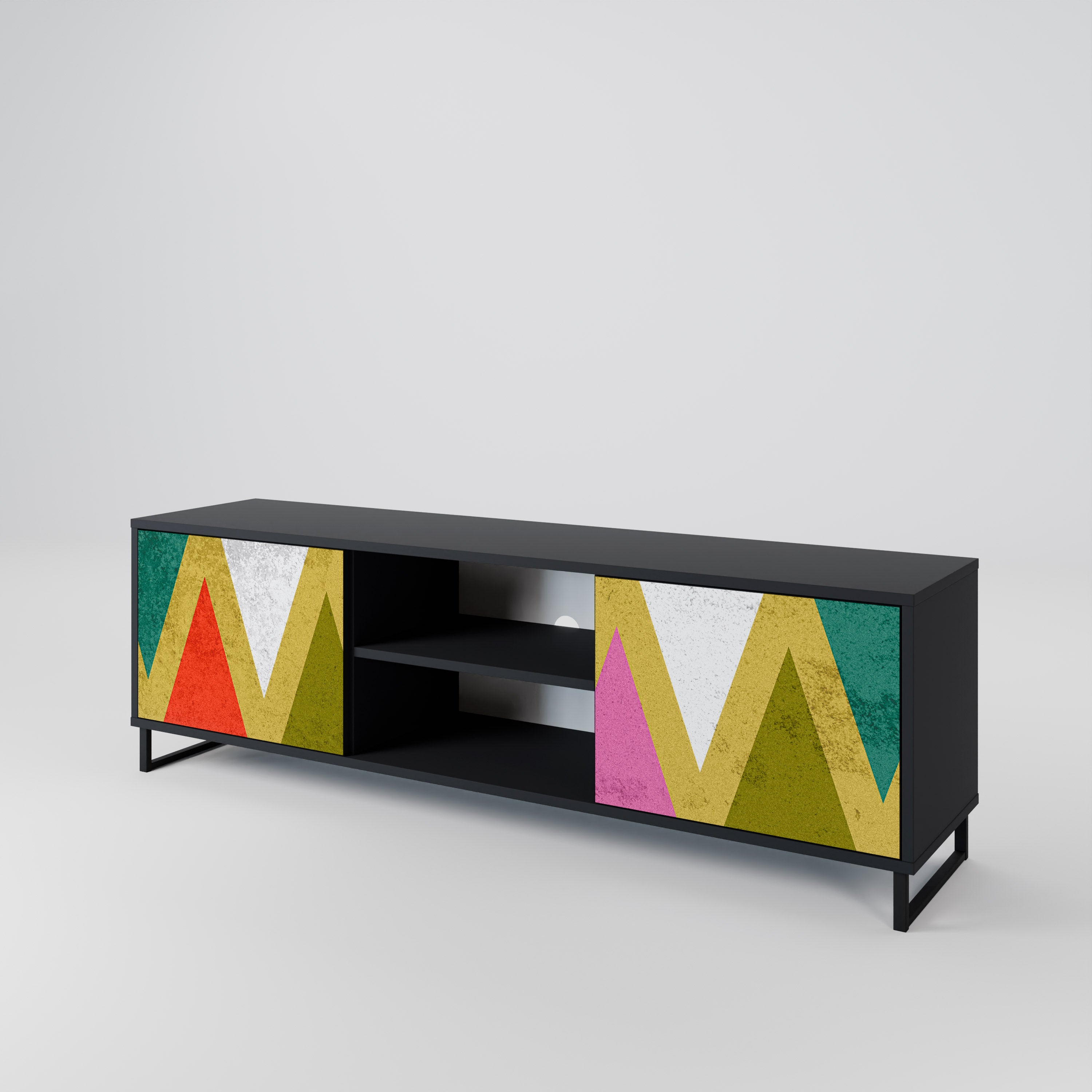 Mueble de TV de 2 puertas COLORFUL TRIANGLES en acabado negro