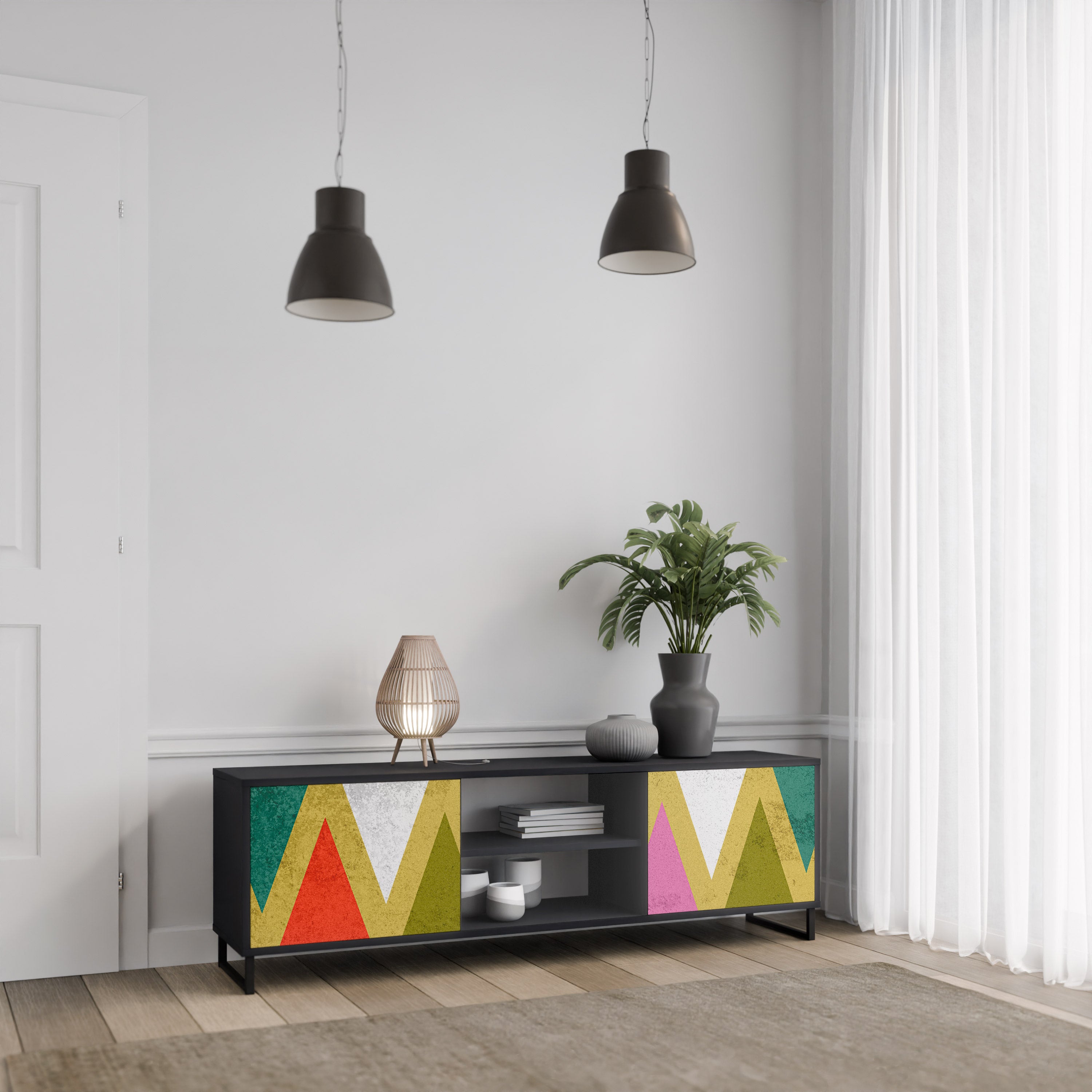 Mueble de TV de 2 puertas COLORFUL TRIANGLES en acabado negro