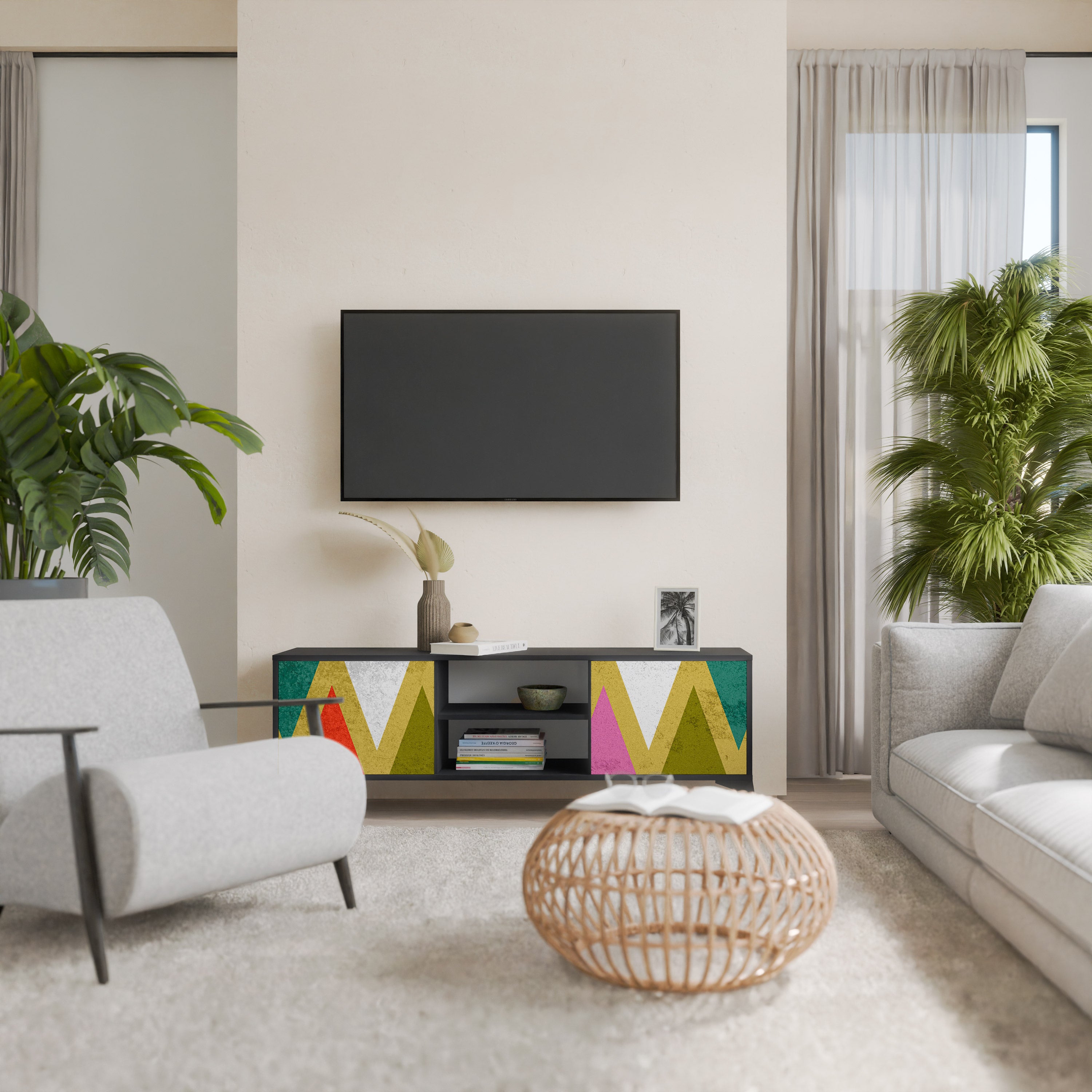 Mueble de TV de 2 puertas COLORFUL TRIANGLES en acabado negro