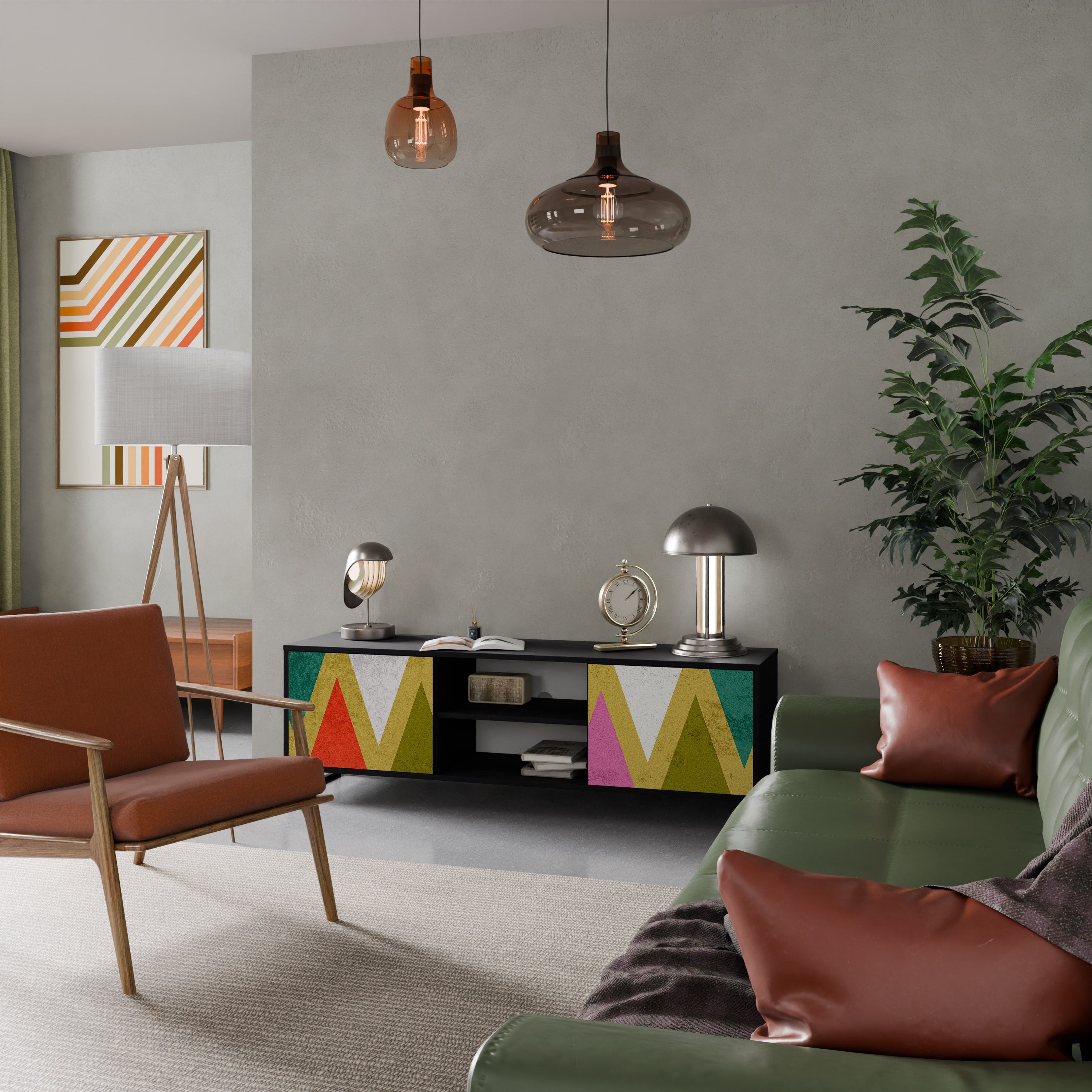 Mueble de TV de 2 puertas COLORFUL TRIANGLES en acabado negro