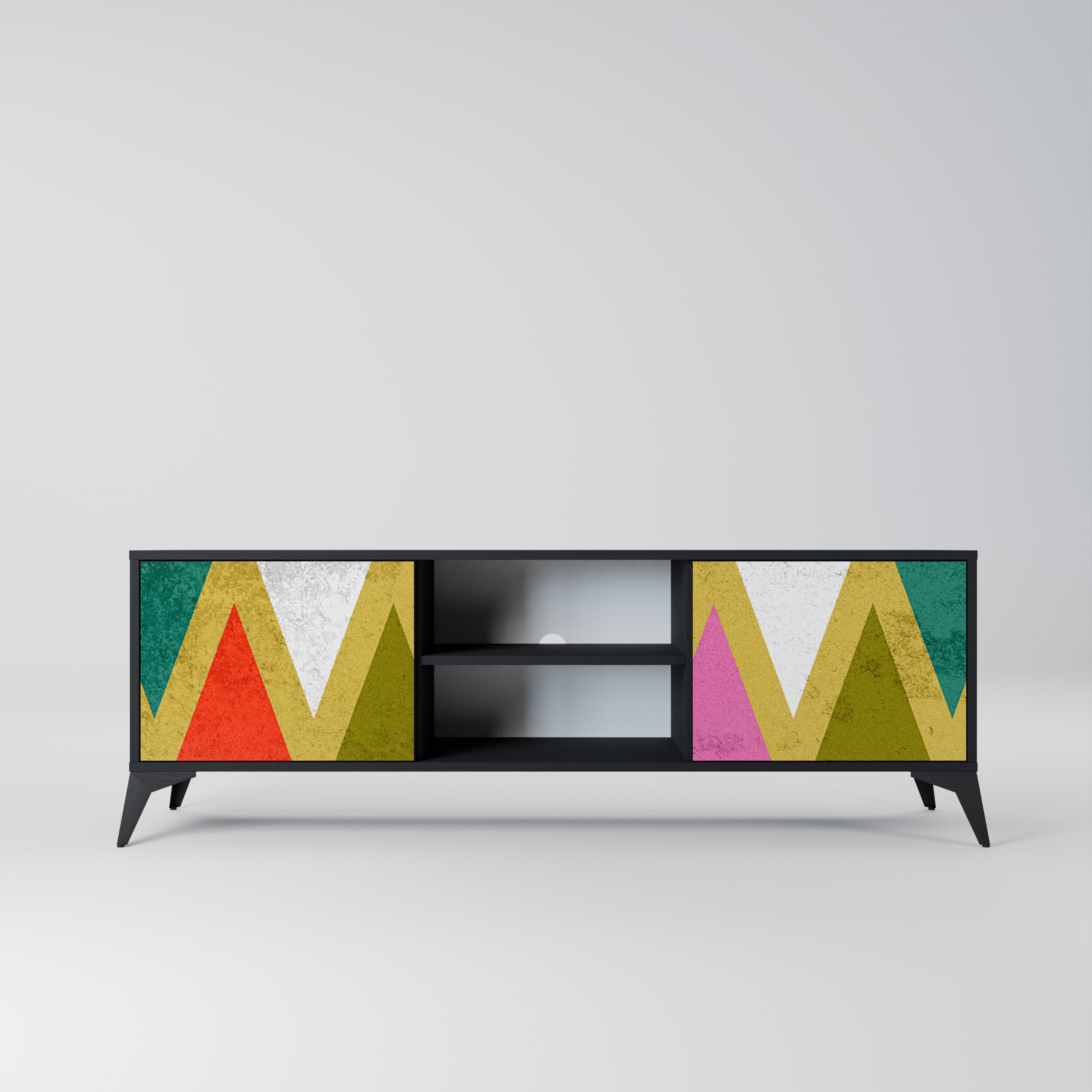 Mueble de TV de 2 puertas COLORFUL TRIANGLES en acabado negro