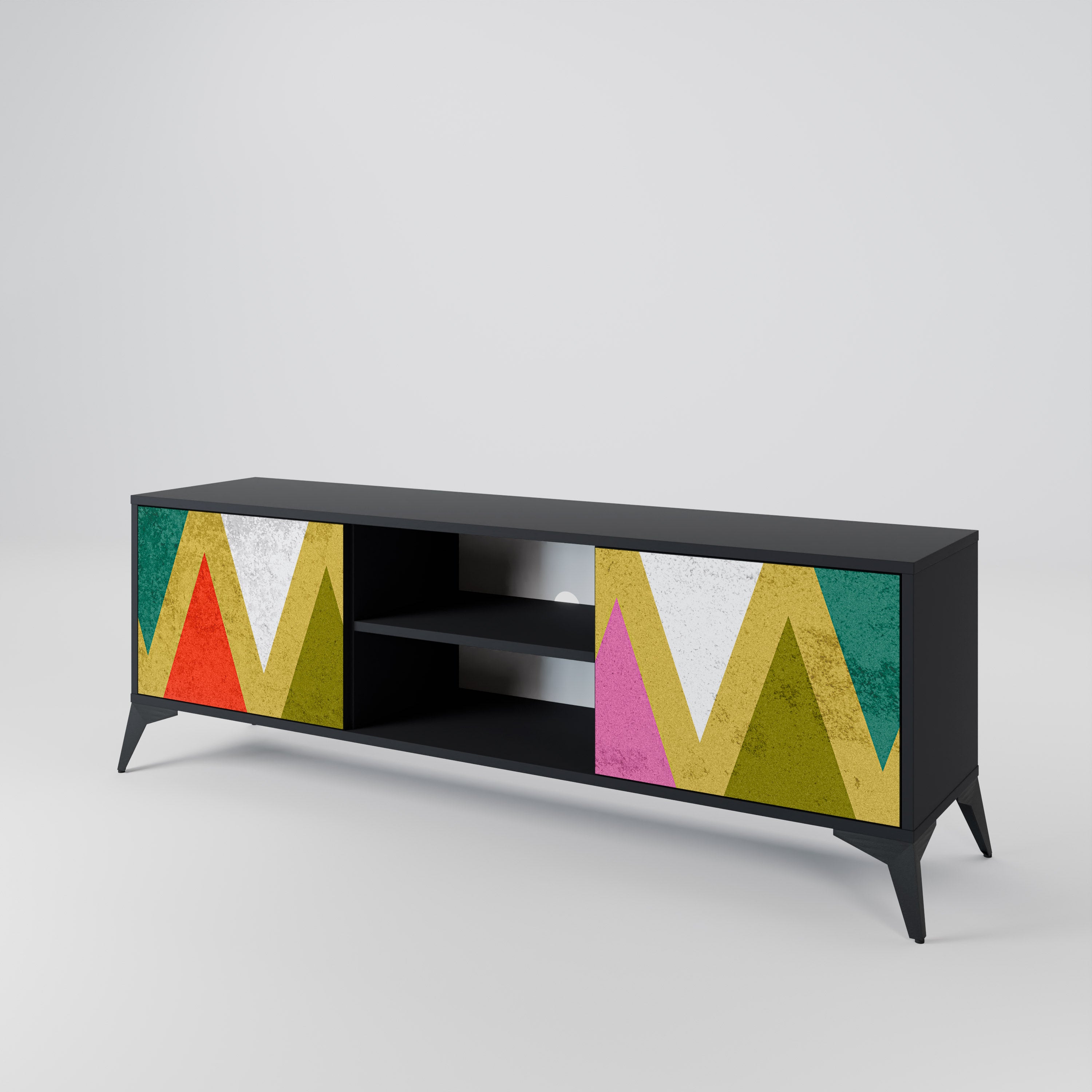 Mueble de TV de 2 puertas COLORFUL TRIANGLES en acabado negro