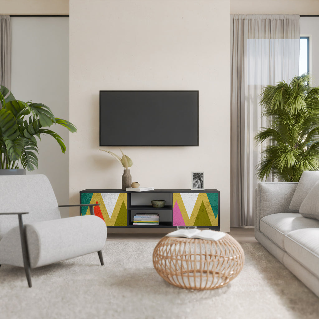 Mueble de TV de 2 puertas COLORFUL TRIANGLES en acabado negro