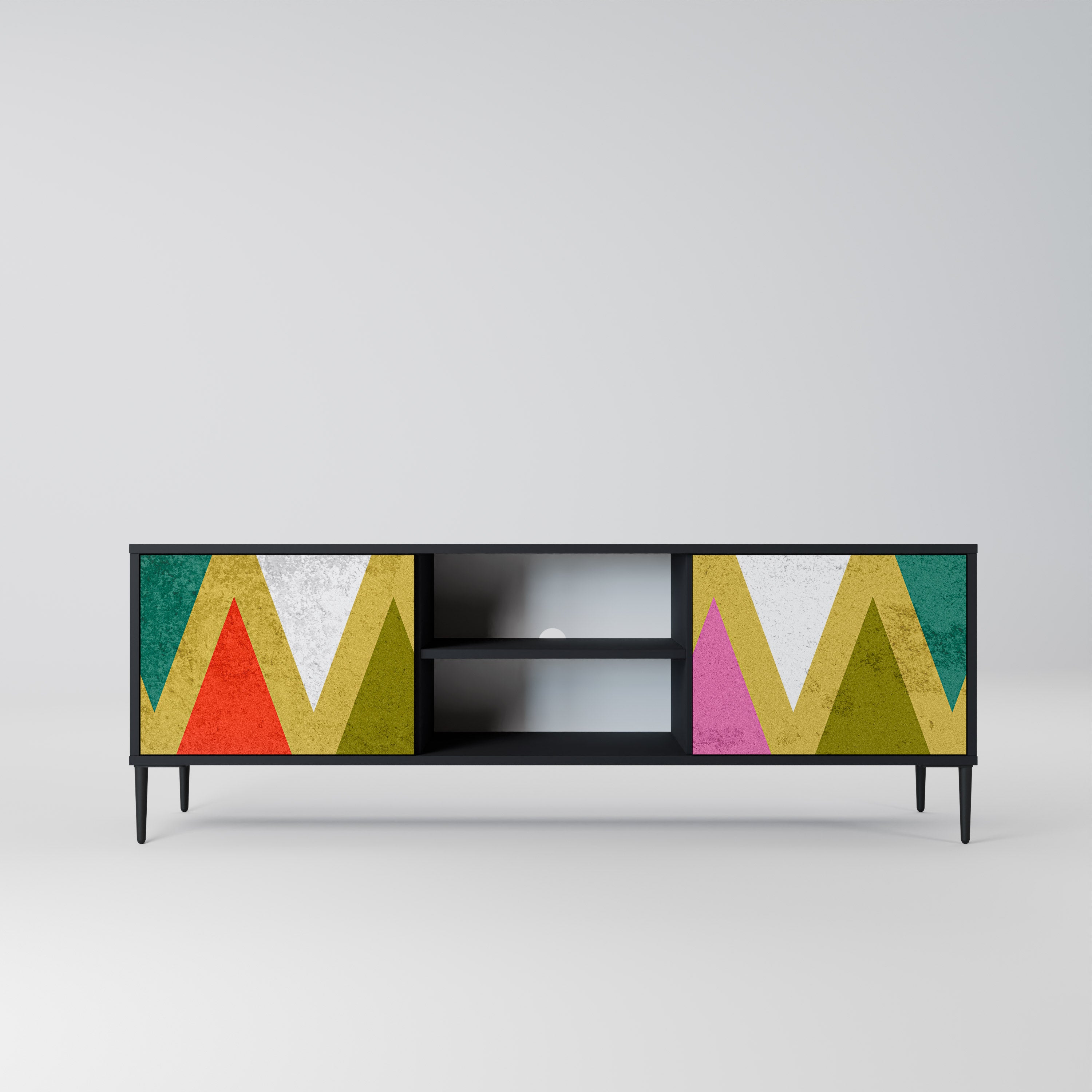Mueble de TV de 2 puertas COLORFUL TRIANGLES en acabado negro