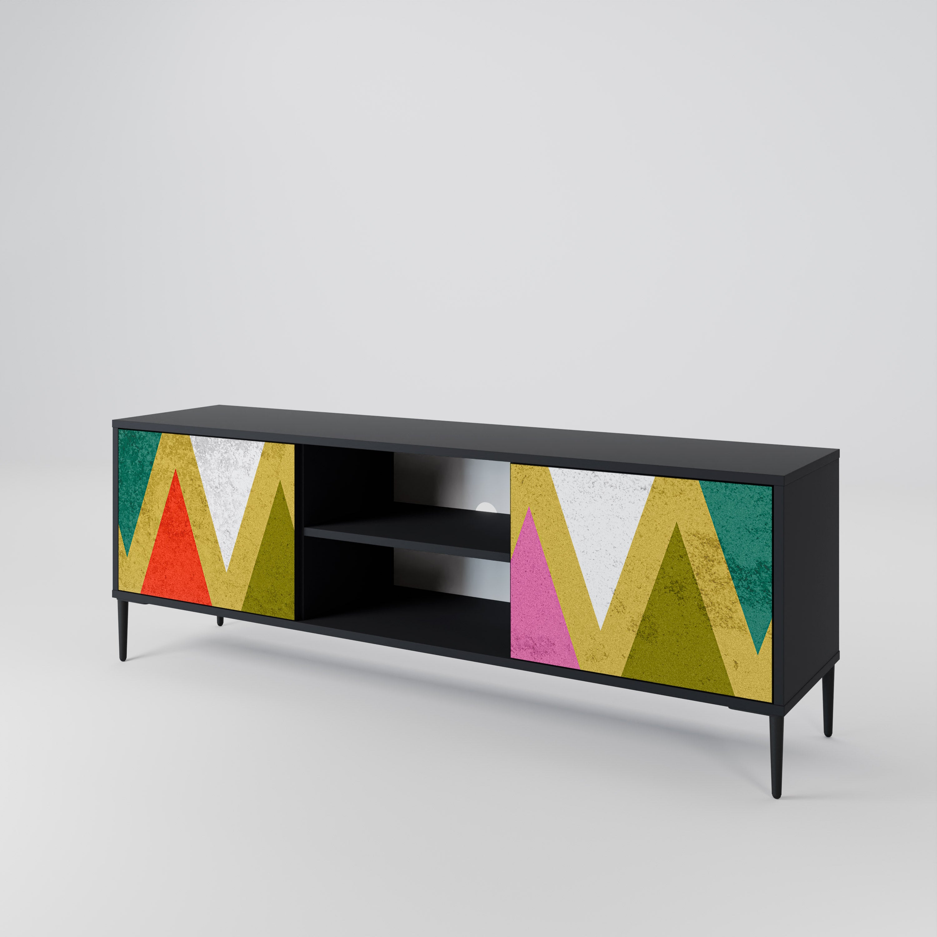 Mueble de TV de 2 puertas COLORFUL TRIANGLES en acabado negro