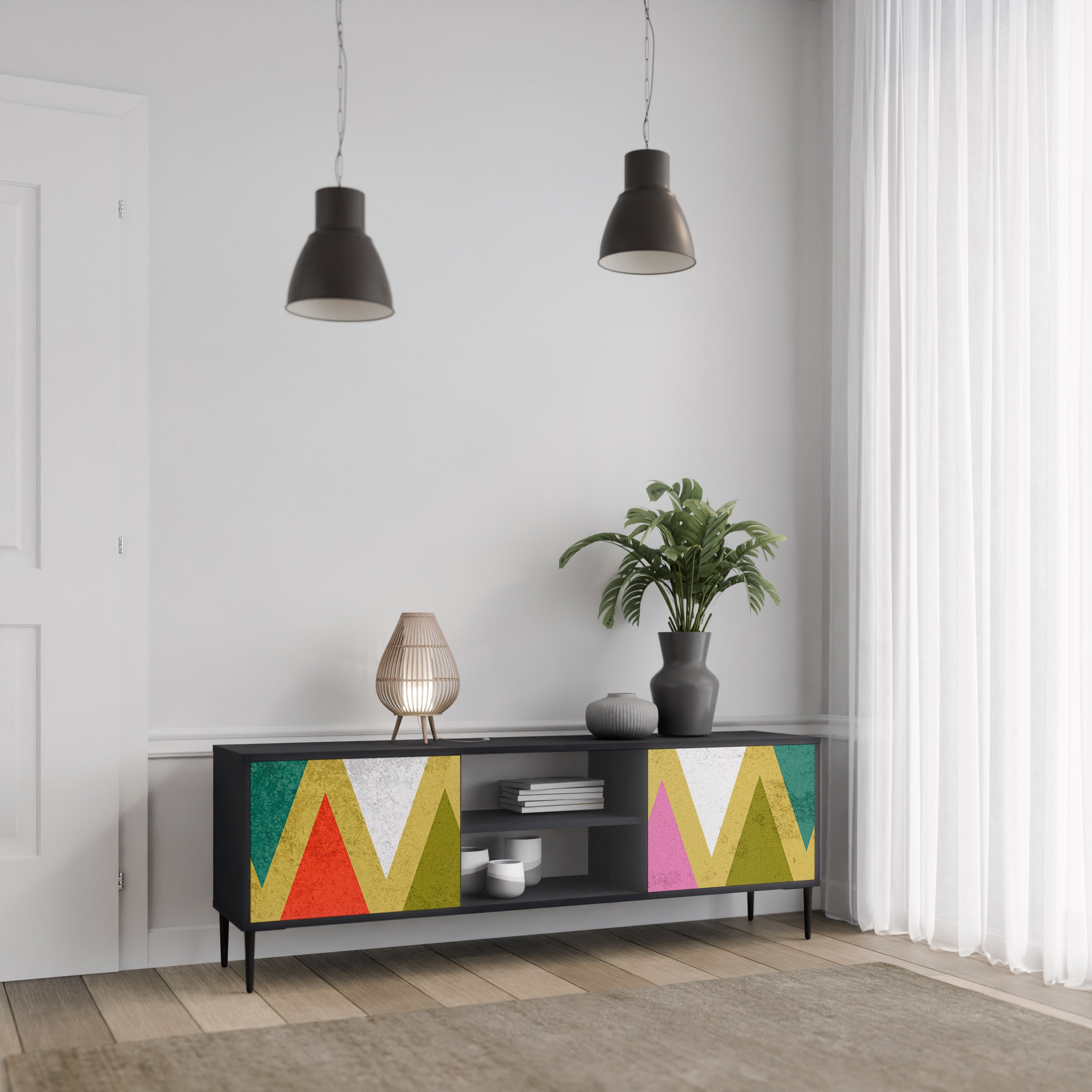 Mueble de TV de 2 puertas COLORFUL TRIANGLES en acabado negro