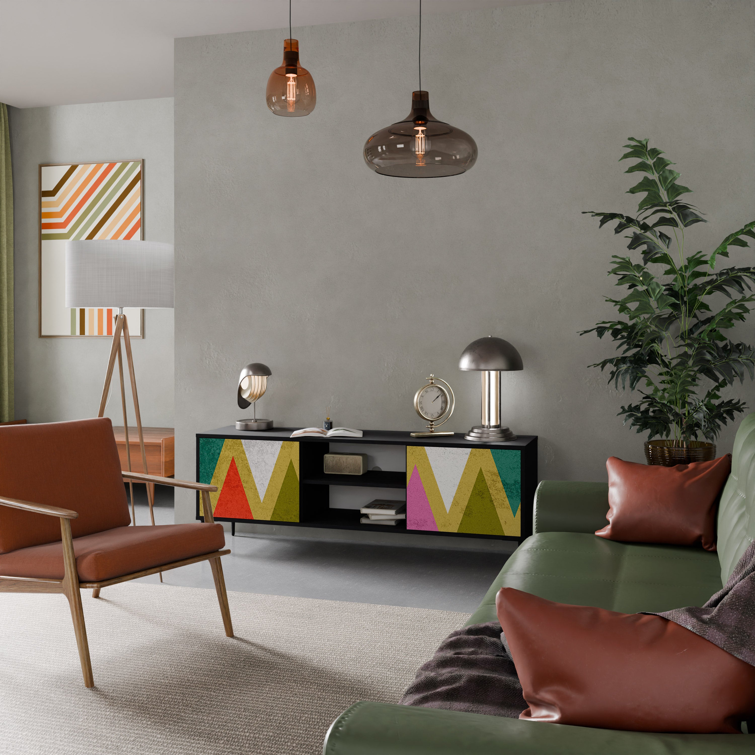 Mueble de TV de 2 puertas COLORFUL TRIANGLES en acabado negro
