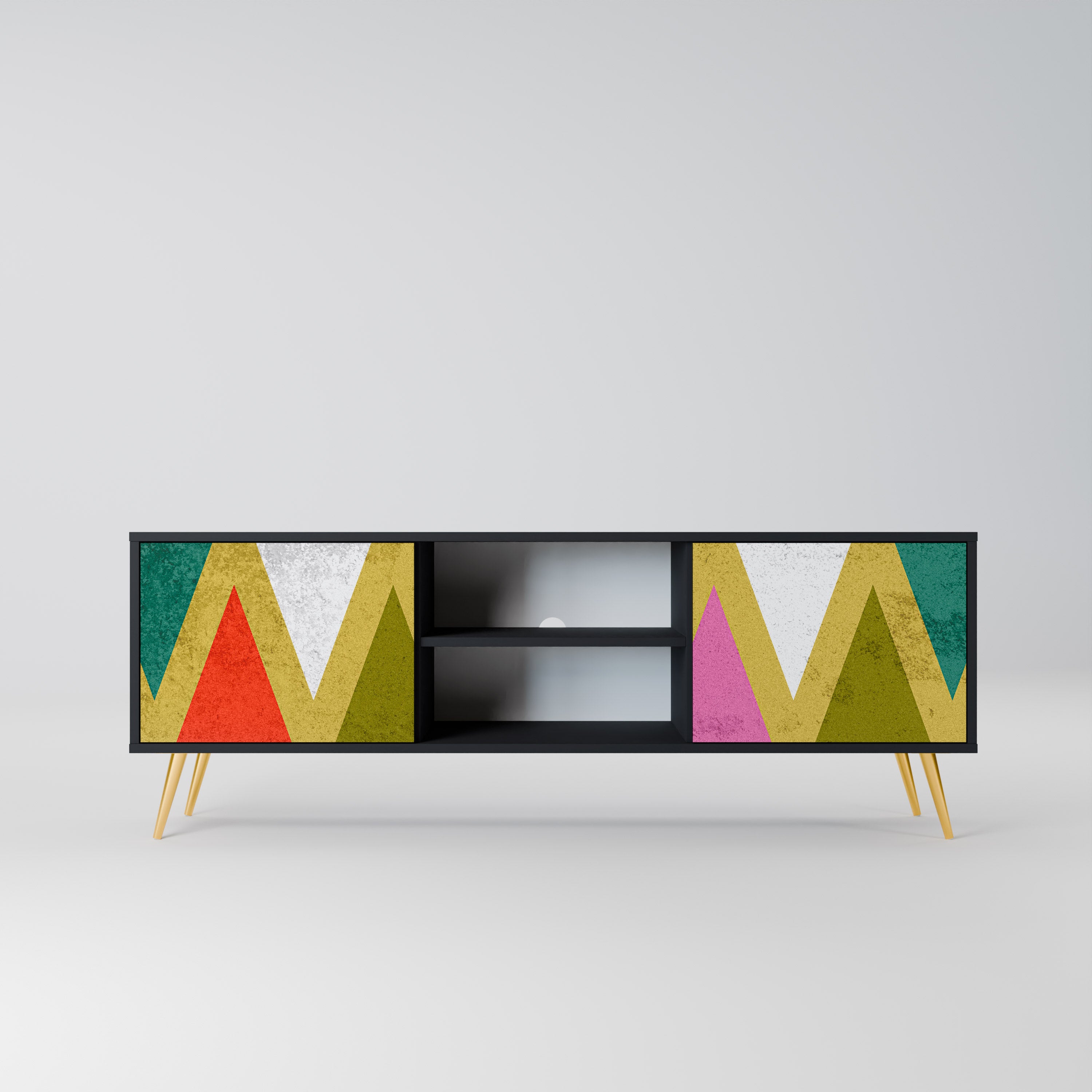 Mueble de TV de 2 puertas COLORFUL TRIANGLES en acabado negro