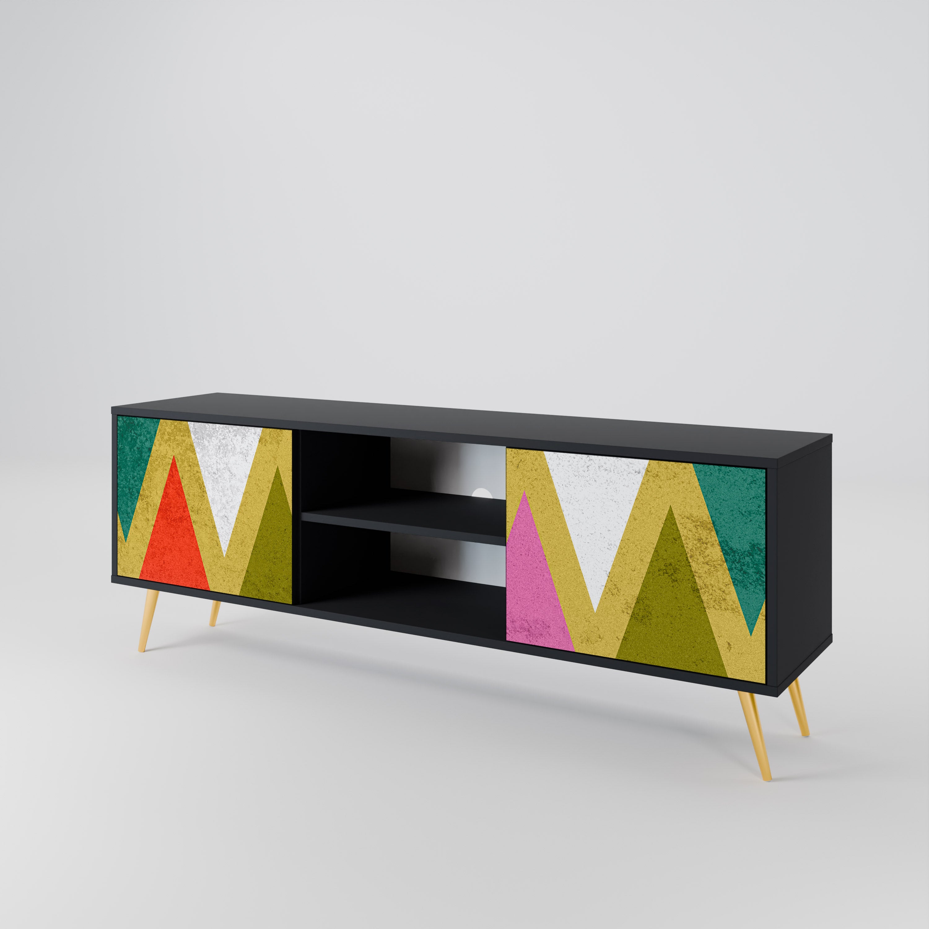 Mueble de TV de 2 puertas COLORFUL TRIANGLES en acabado negro