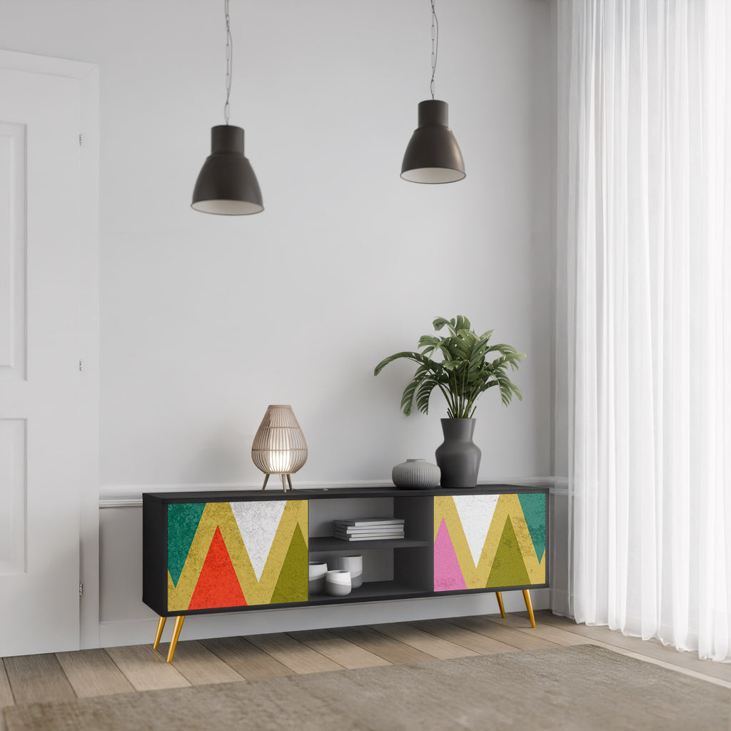 Mueble de TV de 2 puertas COLORFUL TRIANGLES en acabado negro