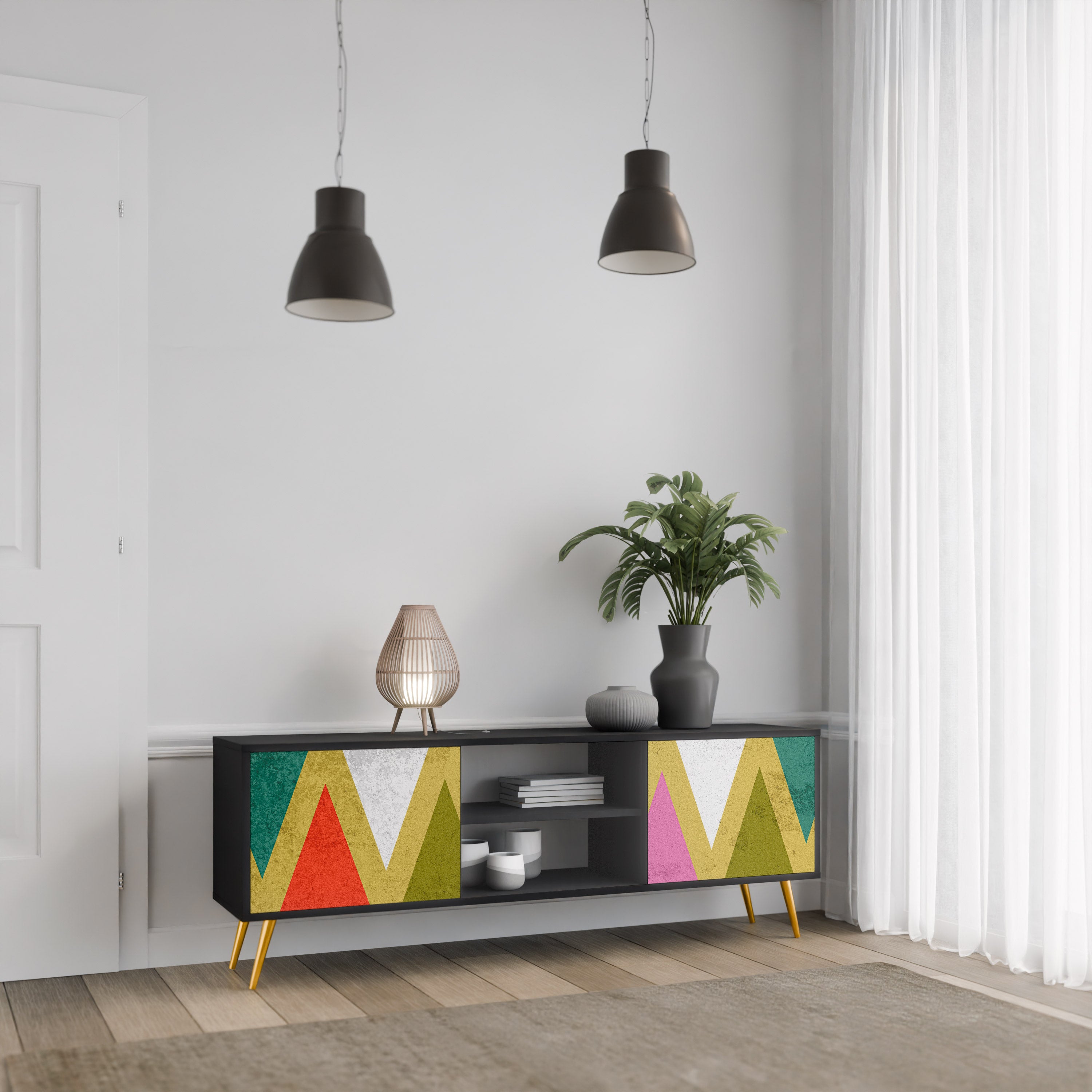 Mueble de TV de 2 puertas COLORFUL TRIANGLES en acabado negro