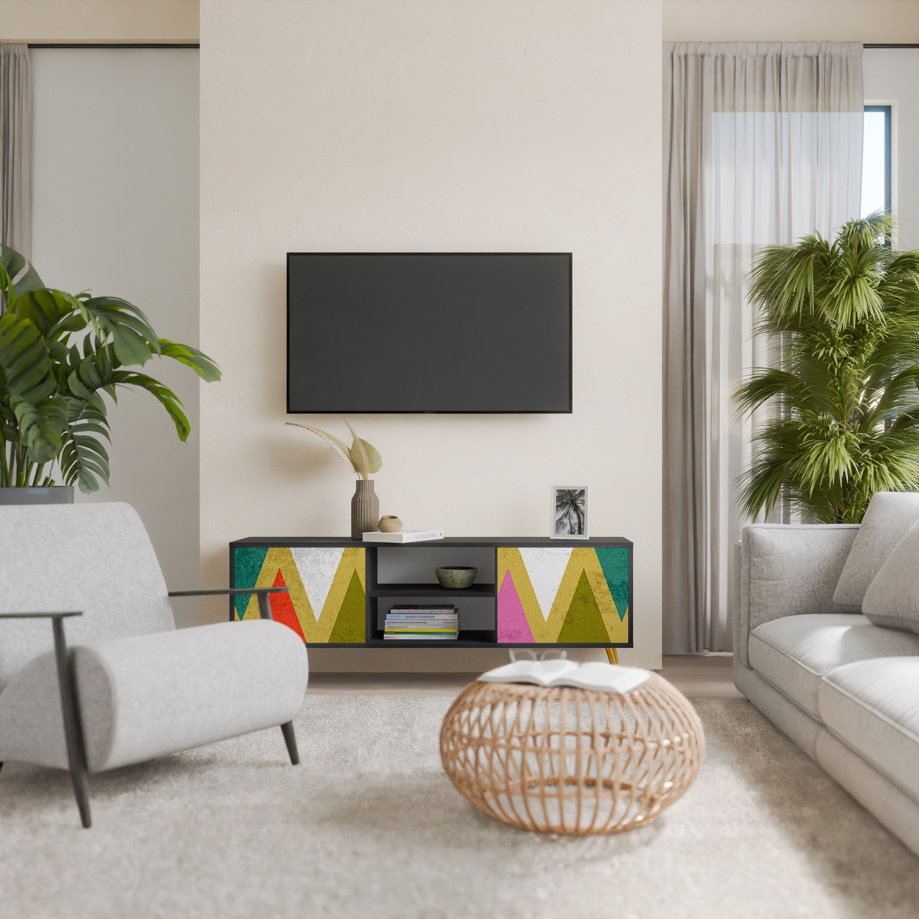 Mueble de TV de 2 puertas COLORFUL TRIANGLES en acabado negro