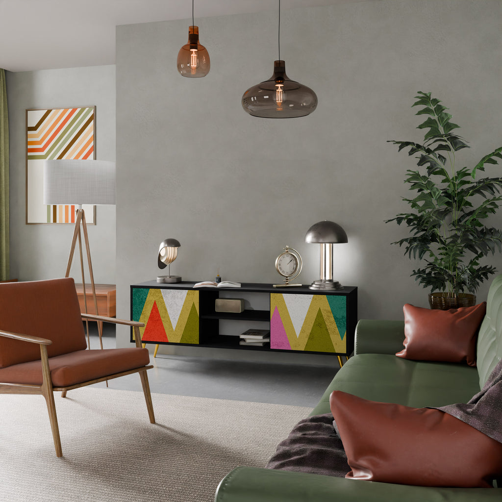 Mueble de TV de 2 puertas COLORFUL TRIANGLES en acabado negro