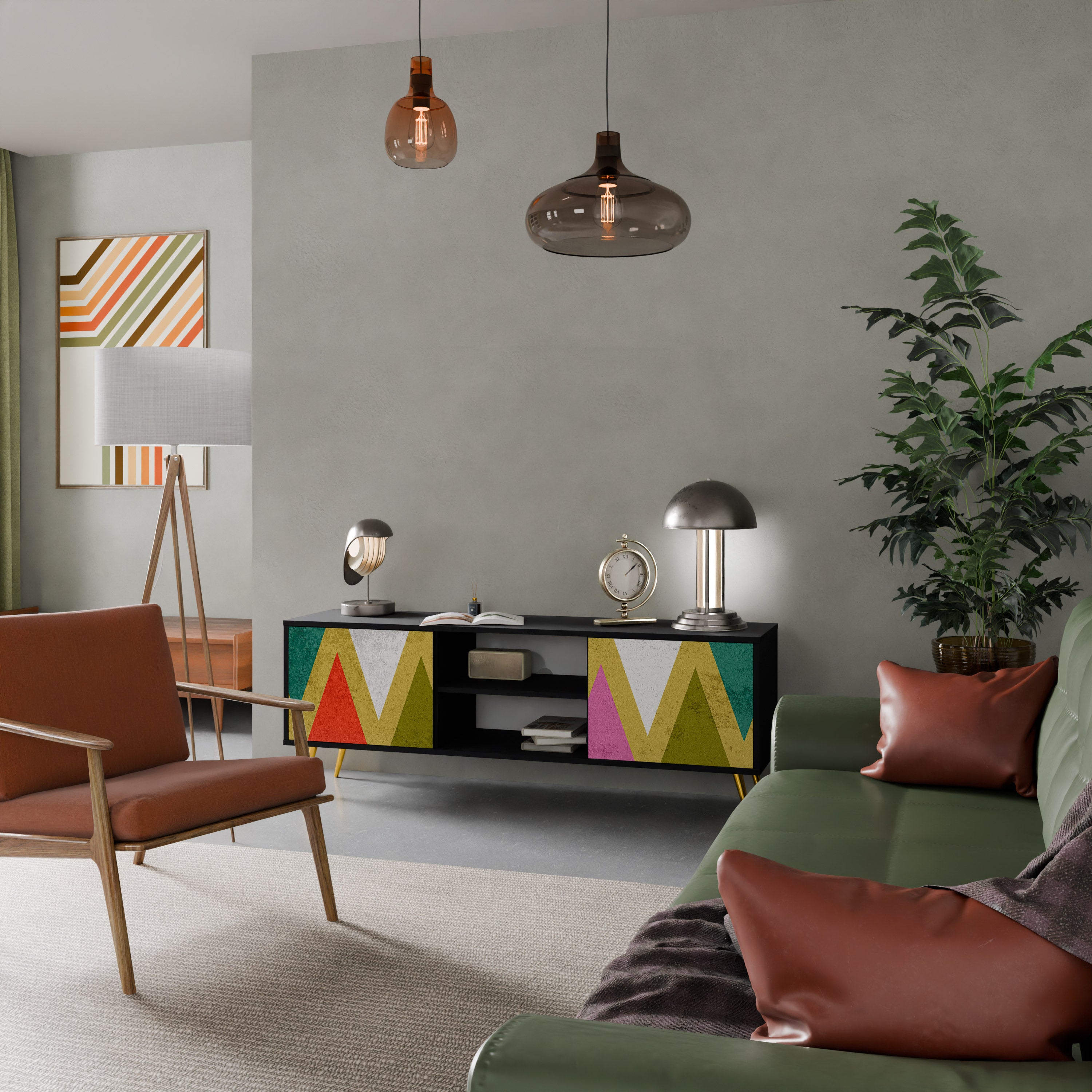 Mueble de TV de 2 puertas COLORFUL TRIANGLES en acabado negro