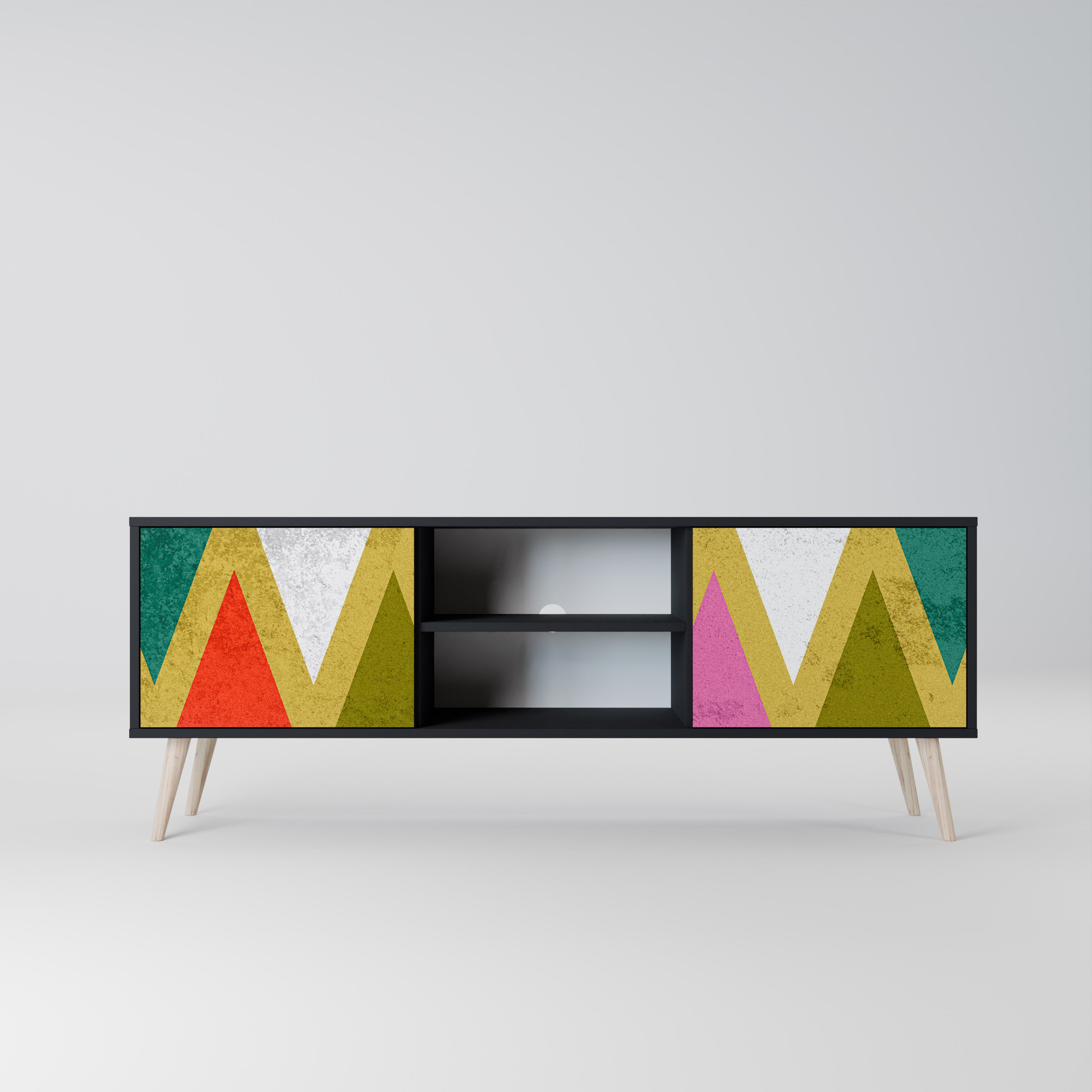 Mueble de TV de 2 puertas COLORFUL TRIANGLES en acabado negro