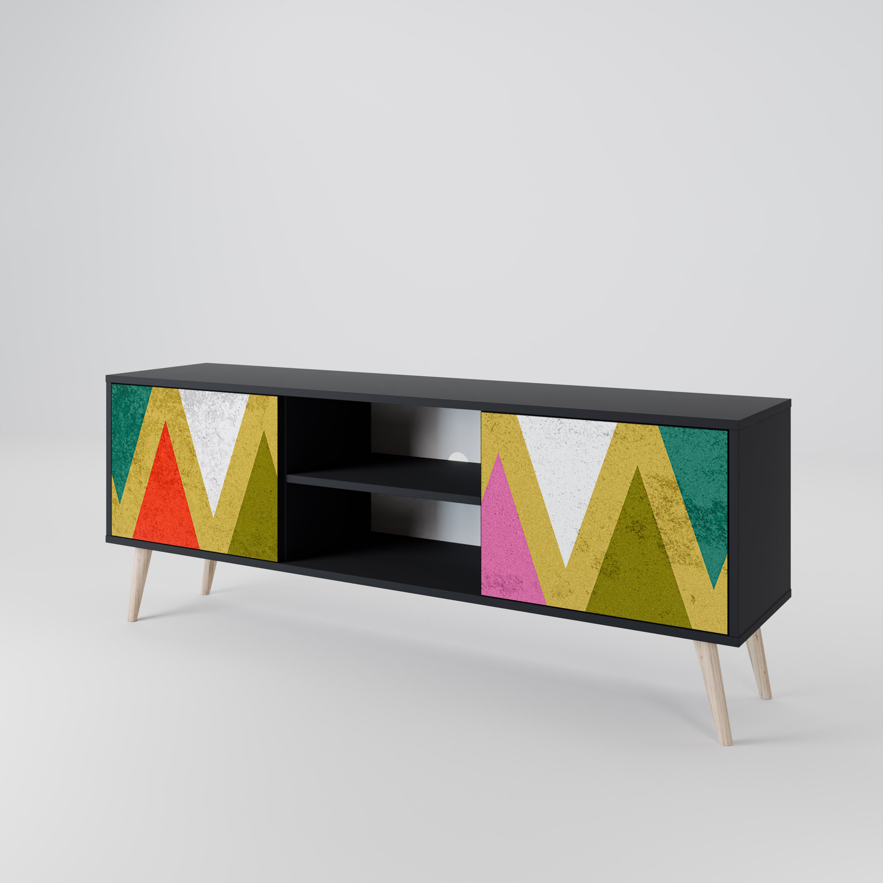 Mueble de TV de 2 puertas COLORFUL TRIANGLES en acabado negro