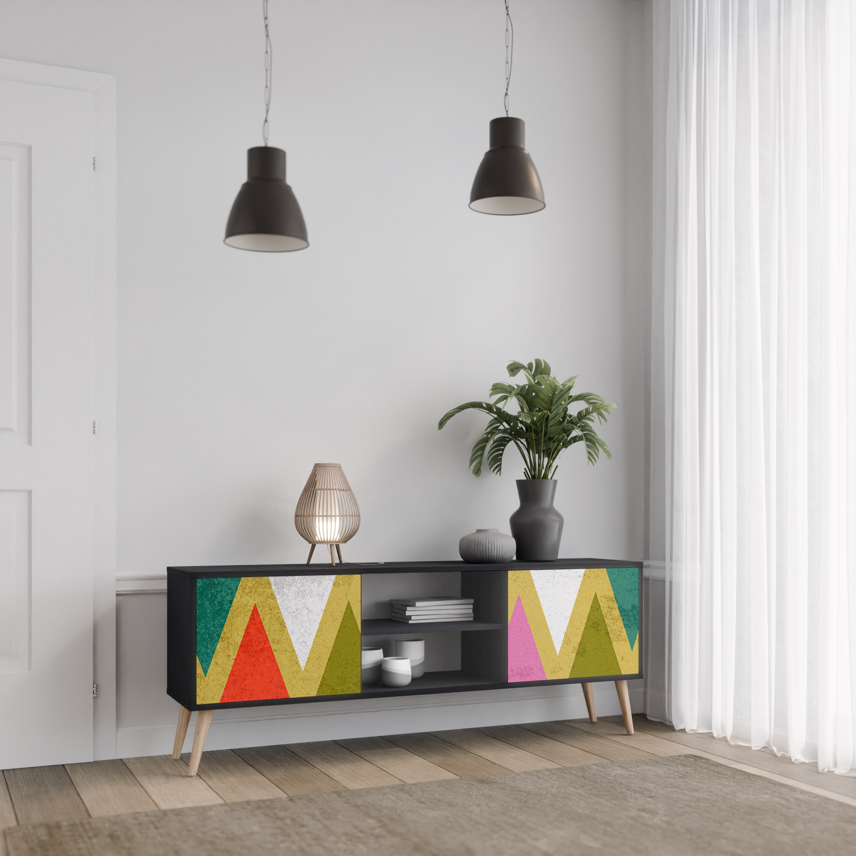 Mueble de TV de 2 puertas COLORFUL TRIANGLES en acabado negro