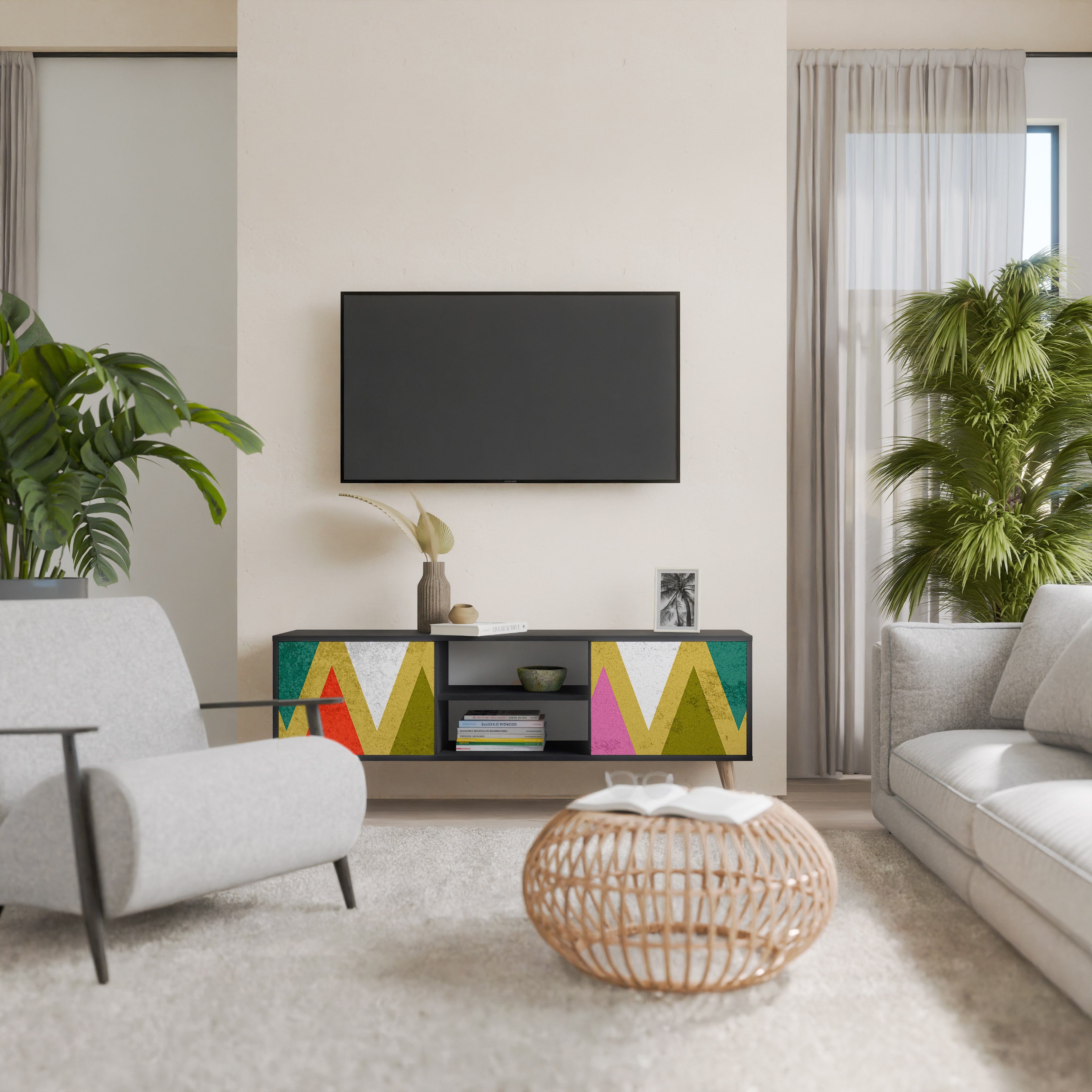 Mueble de TV de 2 puertas COLORFUL TRIANGLES en acabado negro