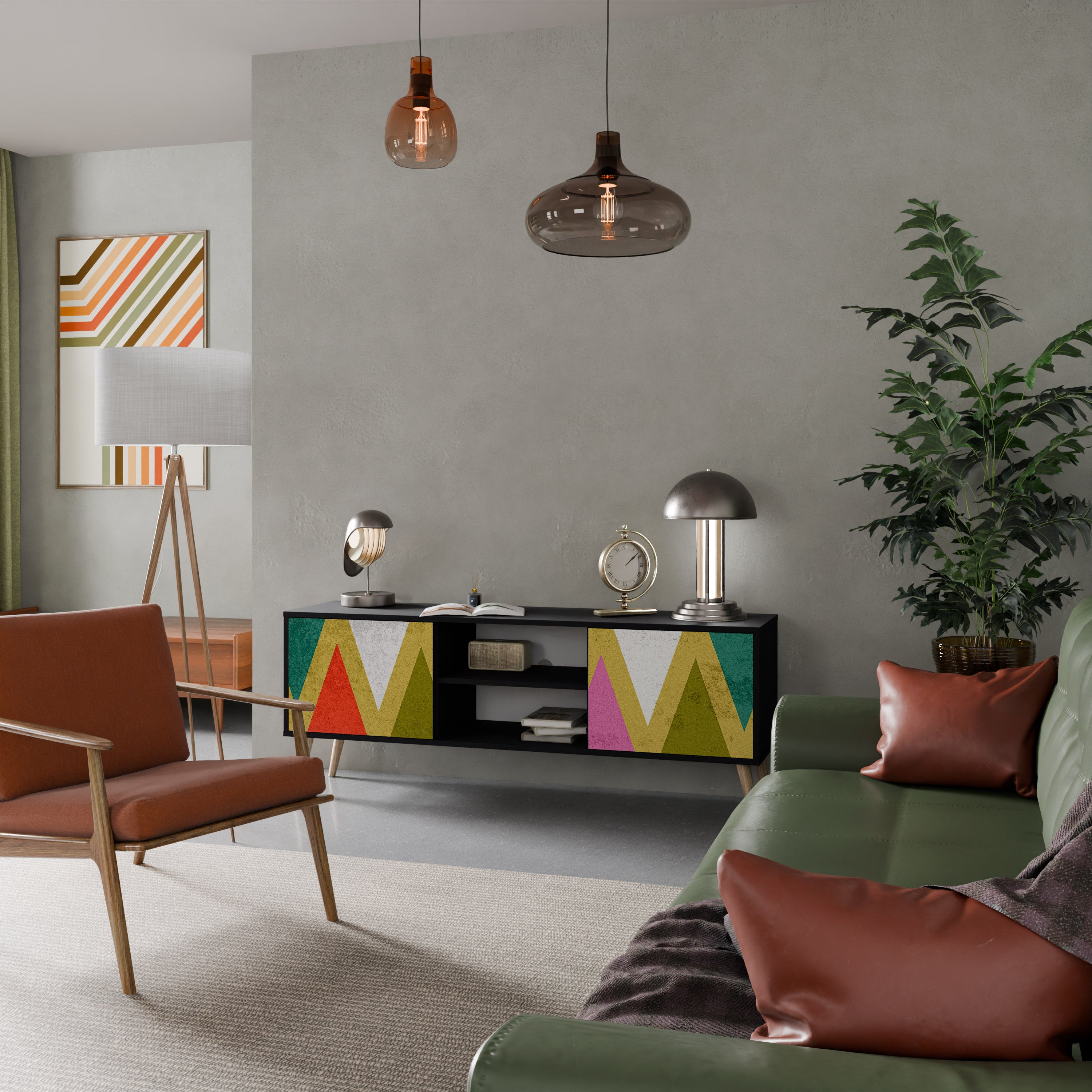 Mueble de TV de 2 puertas COLORFUL TRIANGLES en acabado negro