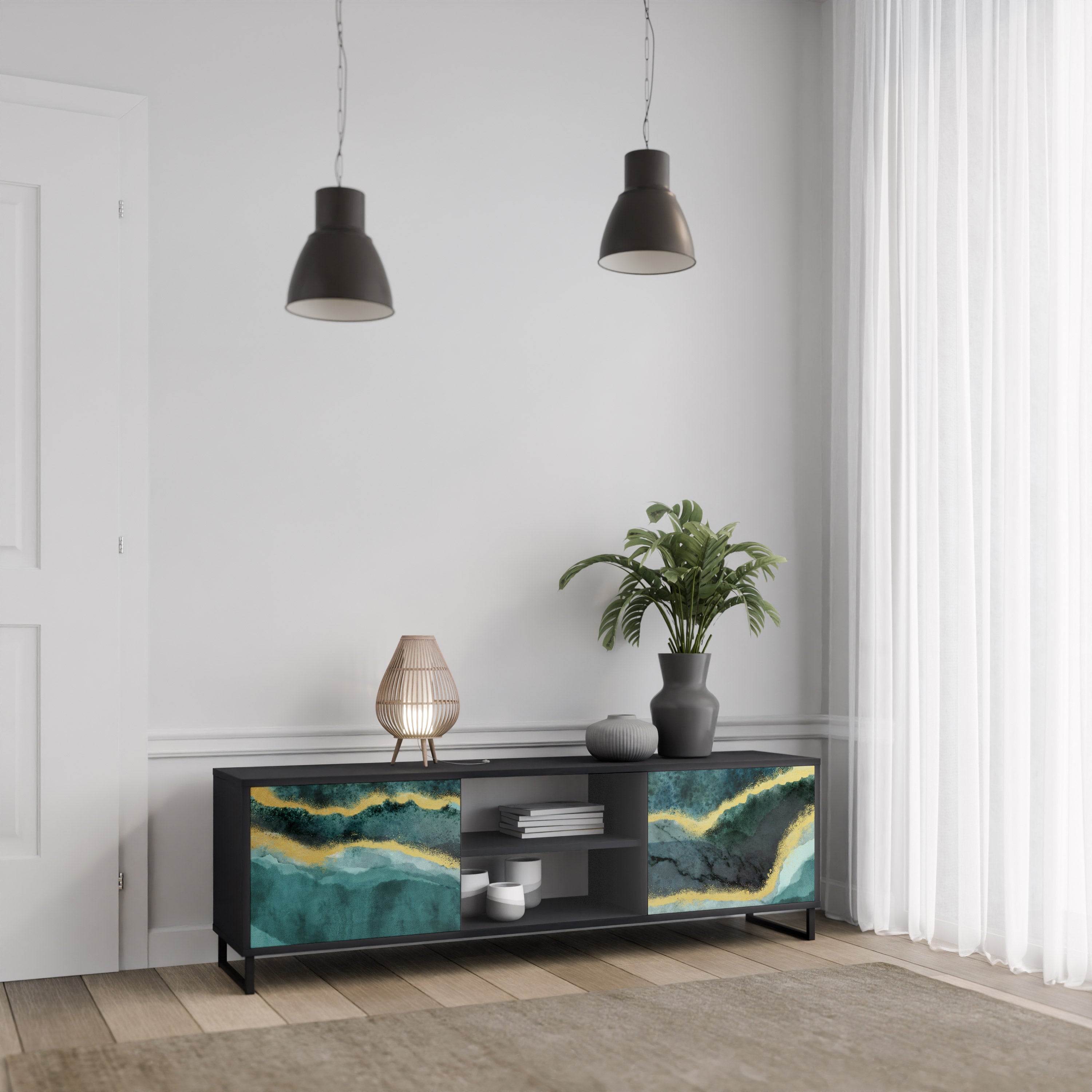 Mueble de TV de 2 puertas GOLDRUSH ODYSSEY con acabado negro