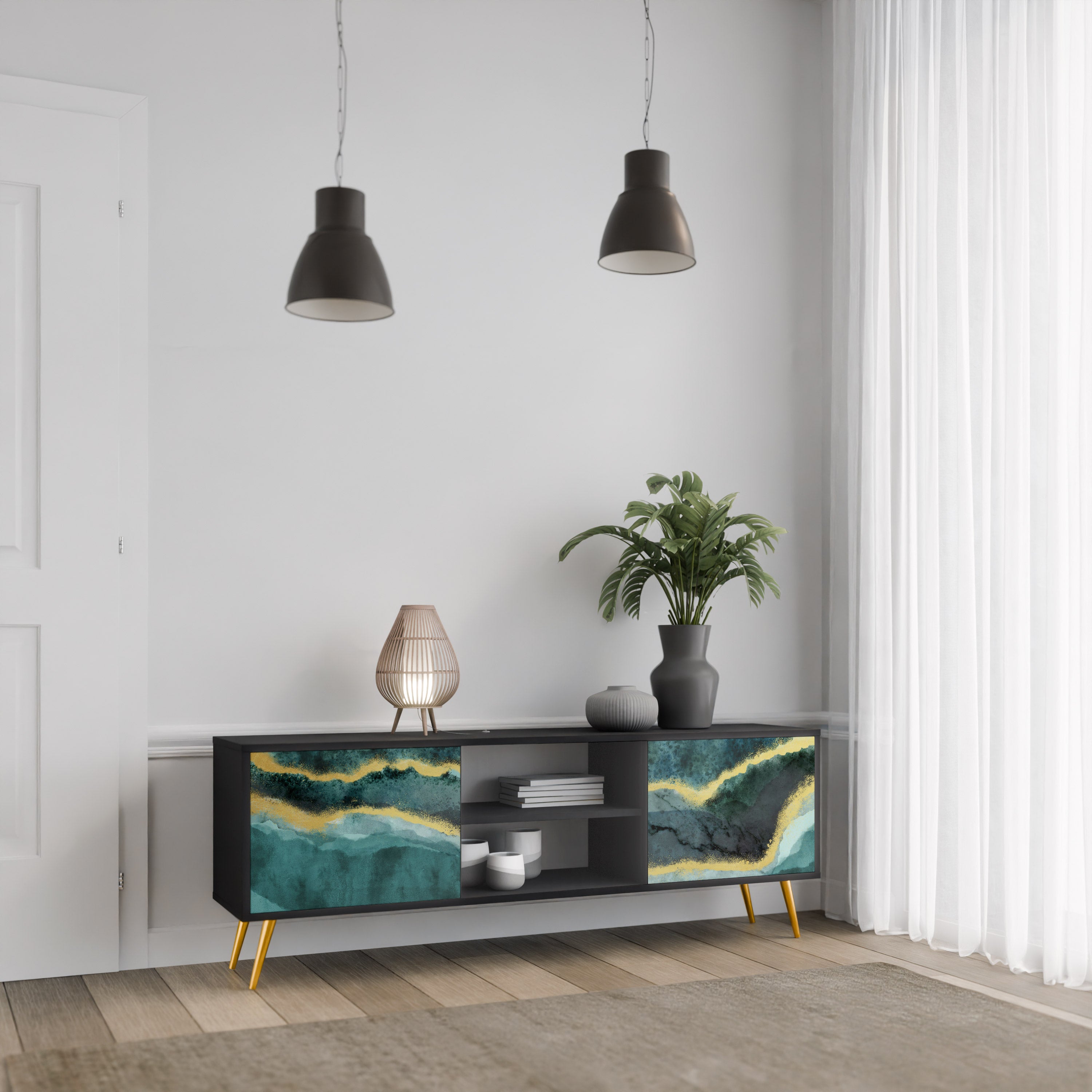 Mueble de TV de 2 puertas GOLDRUSH ODYSSEY con acabado negro