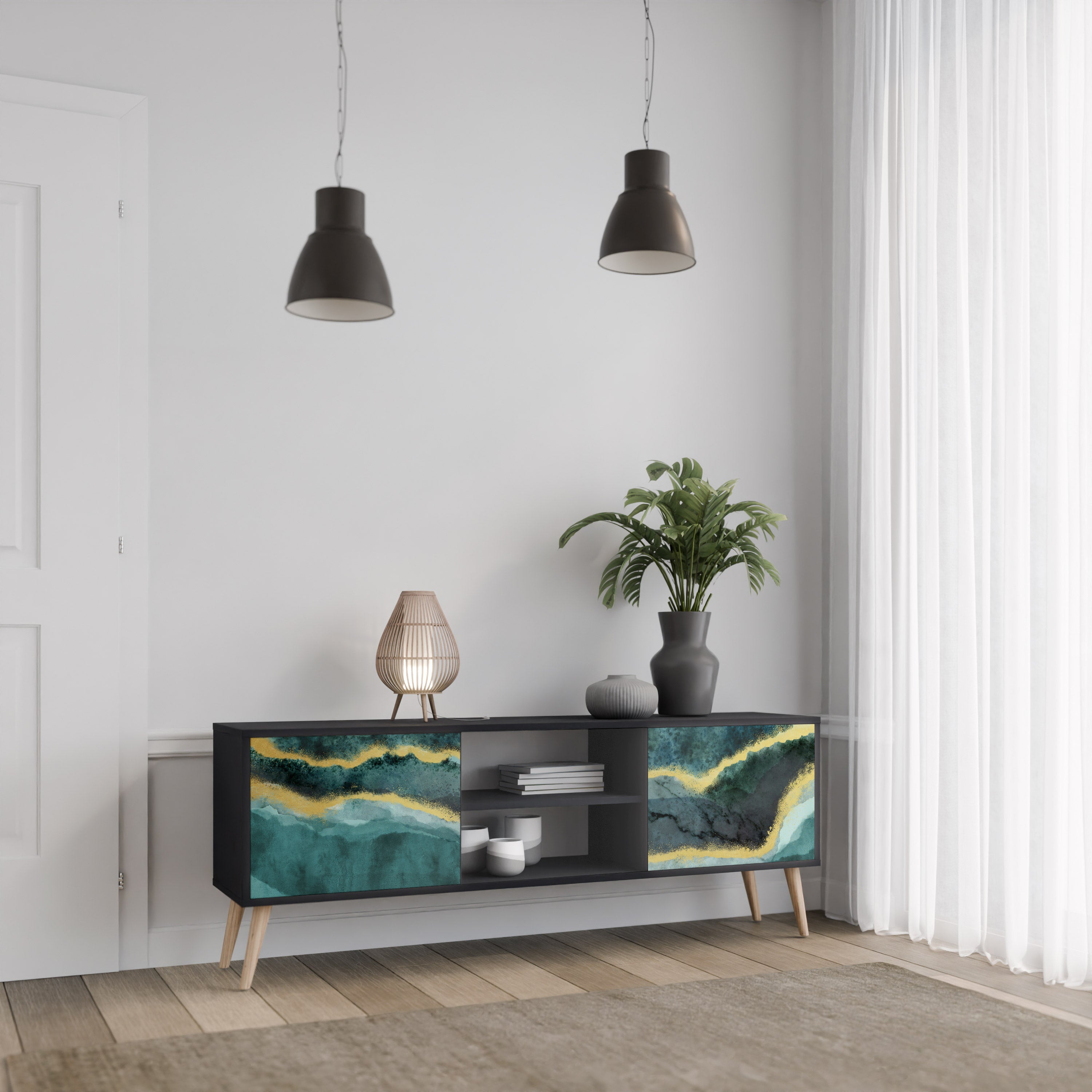 Mueble de TV de 2 puertas GOLDRUSH ODYSSEY con acabado negro