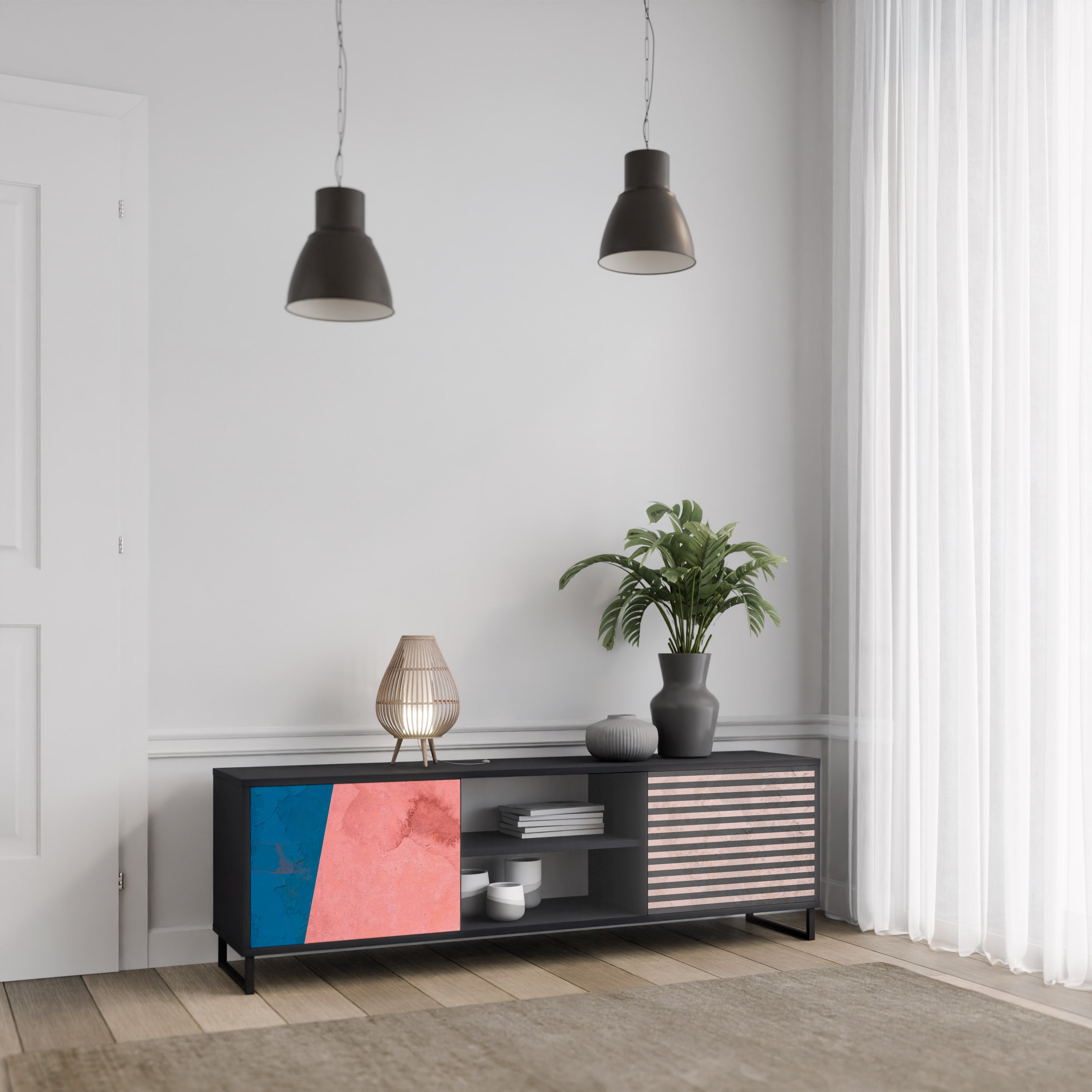 Mueble de TV GLAMOROUS STRIPE de 2 puertas con acabado negro