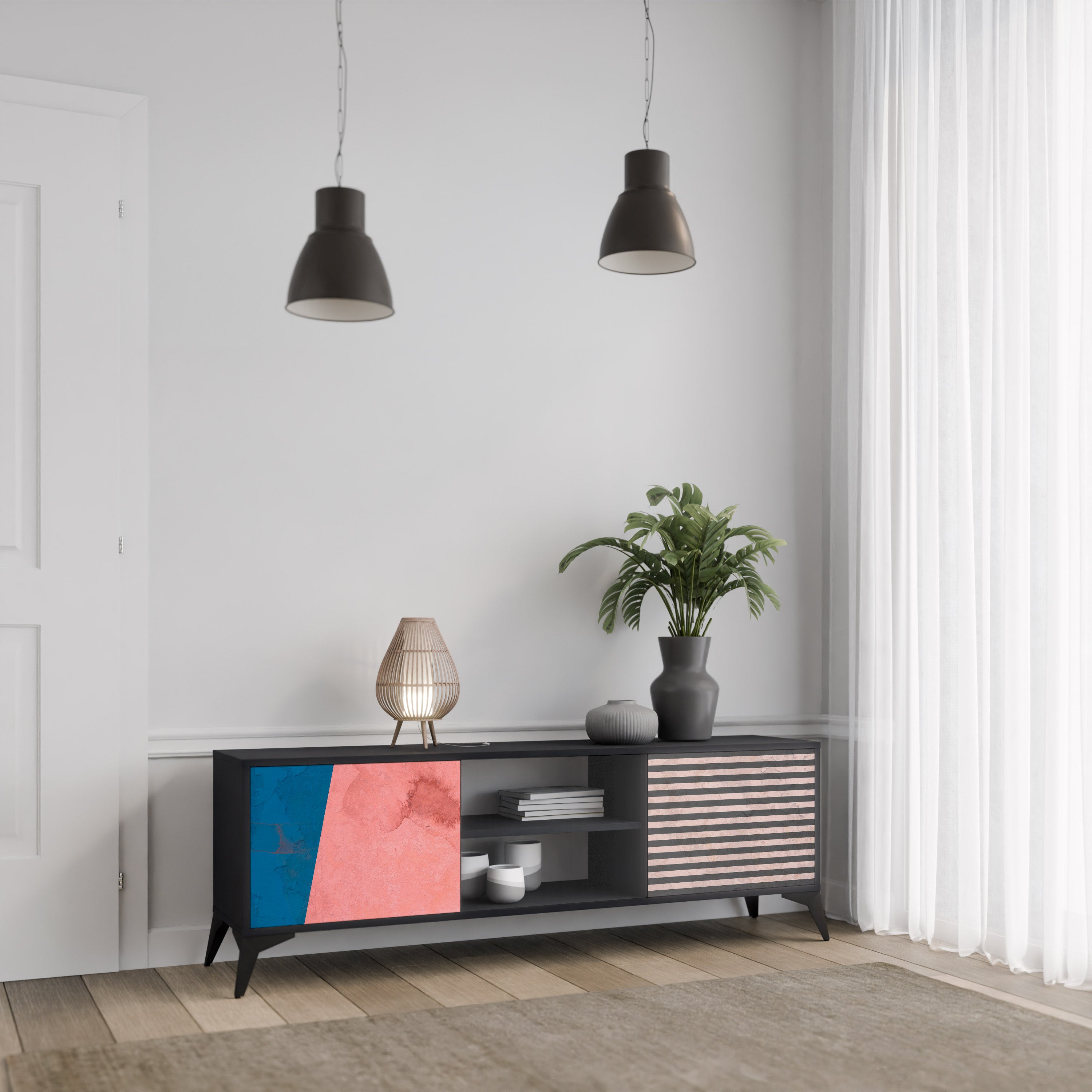 Mueble de TV GLAMOROUS STRIPE de 2 puertas con acabado negro
