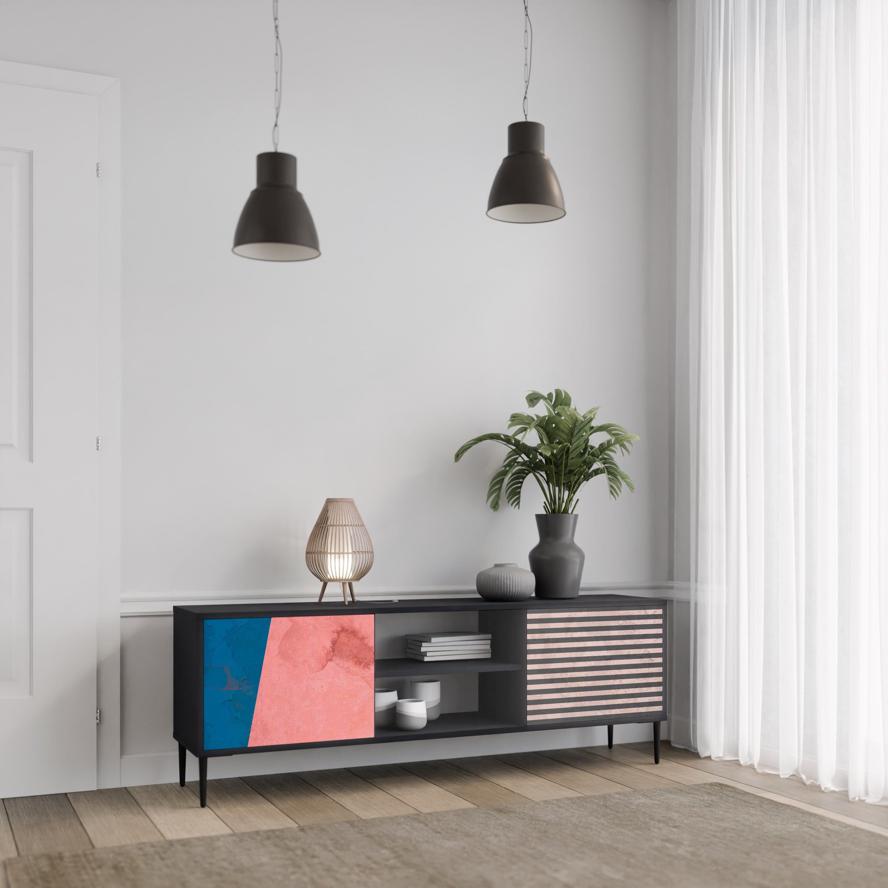 Mueble de TV GLAMOROUS STRIPE de 2 puertas con acabado negro