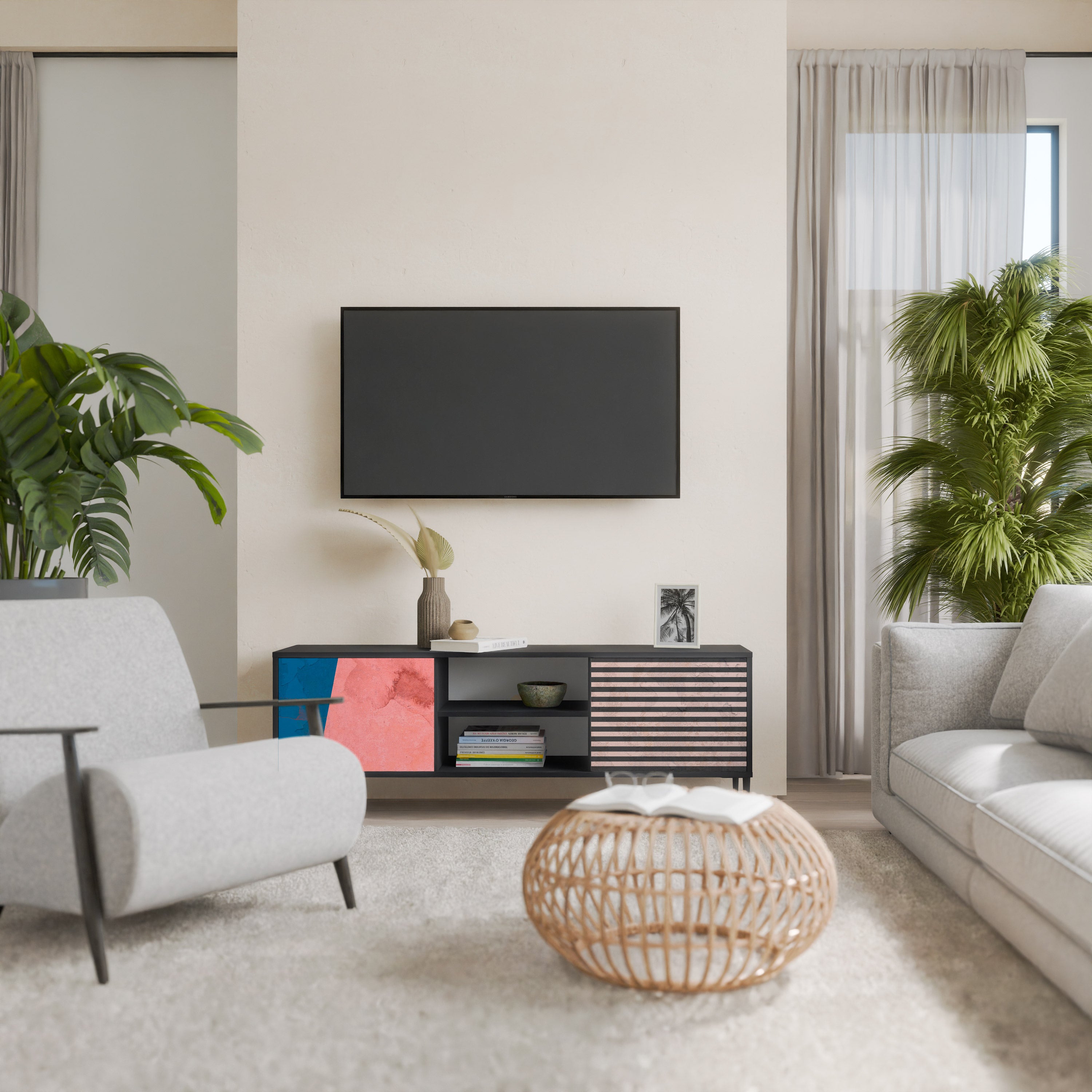 Mueble de TV GLAMOROUS STRIPE de 2 puertas con acabado negro