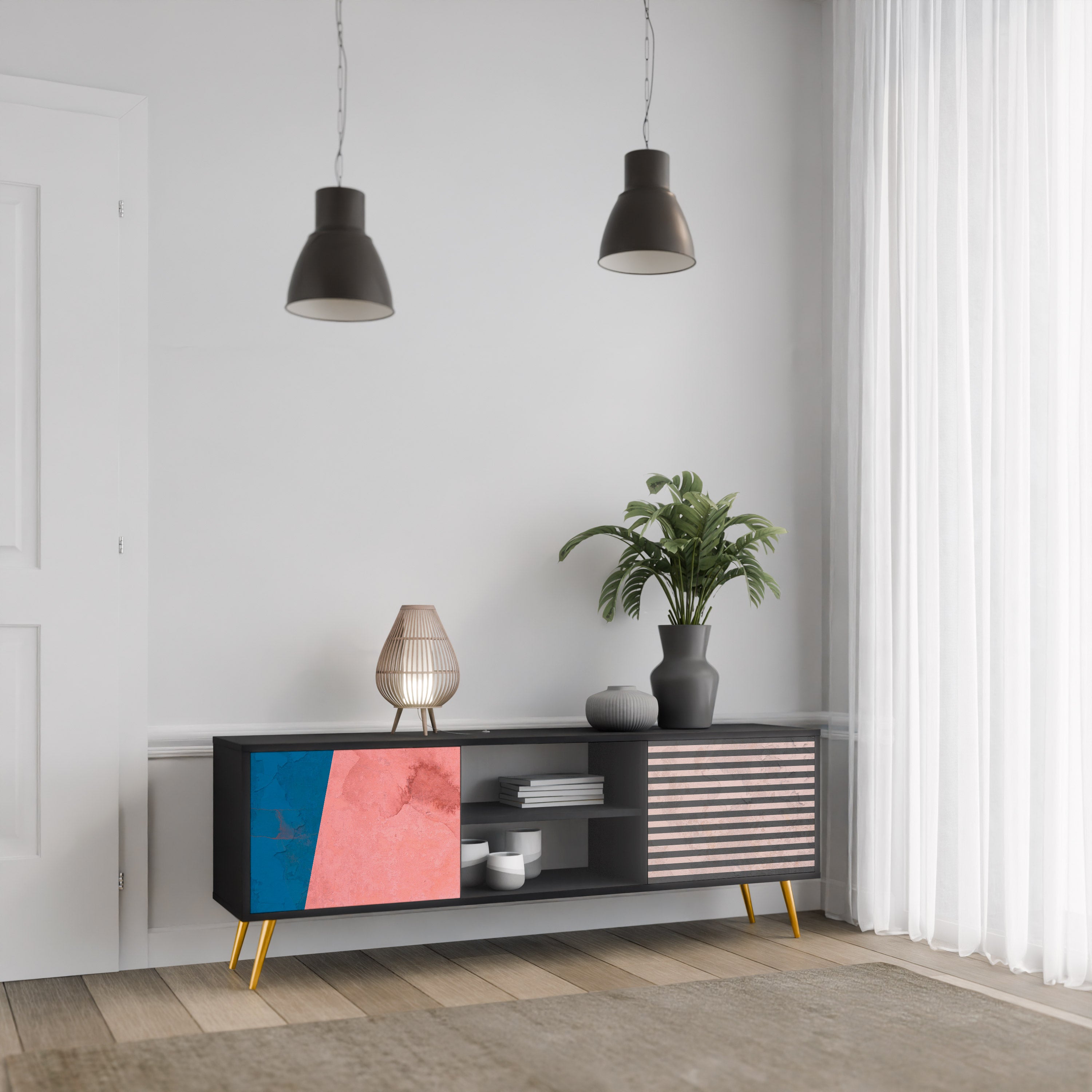 Mueble de TV GLAMOROUS STRIPE de 2 puertas con acabado negro