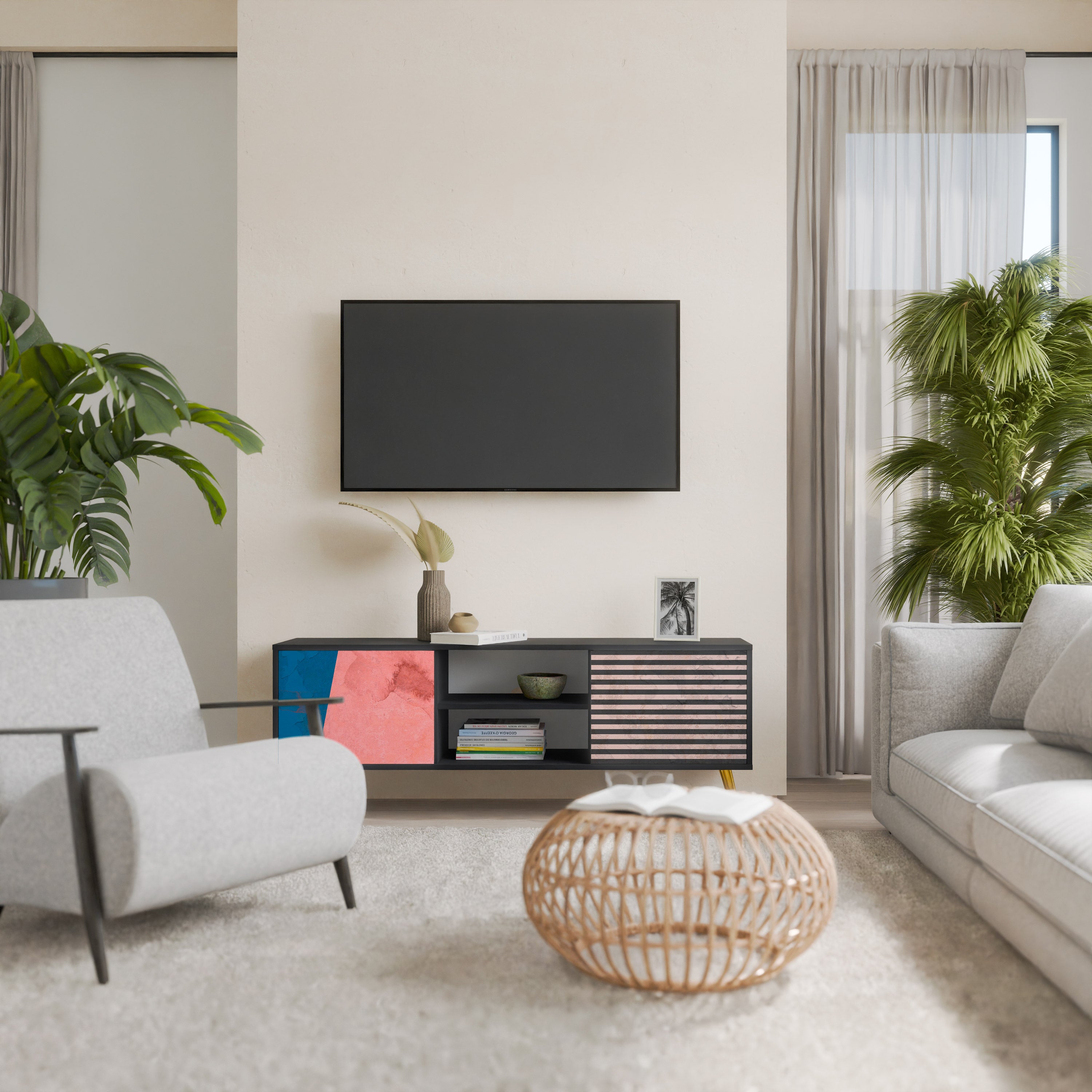 Mueble de TV GLAMOROUS STRIPE de 2 puertas con acabado negro