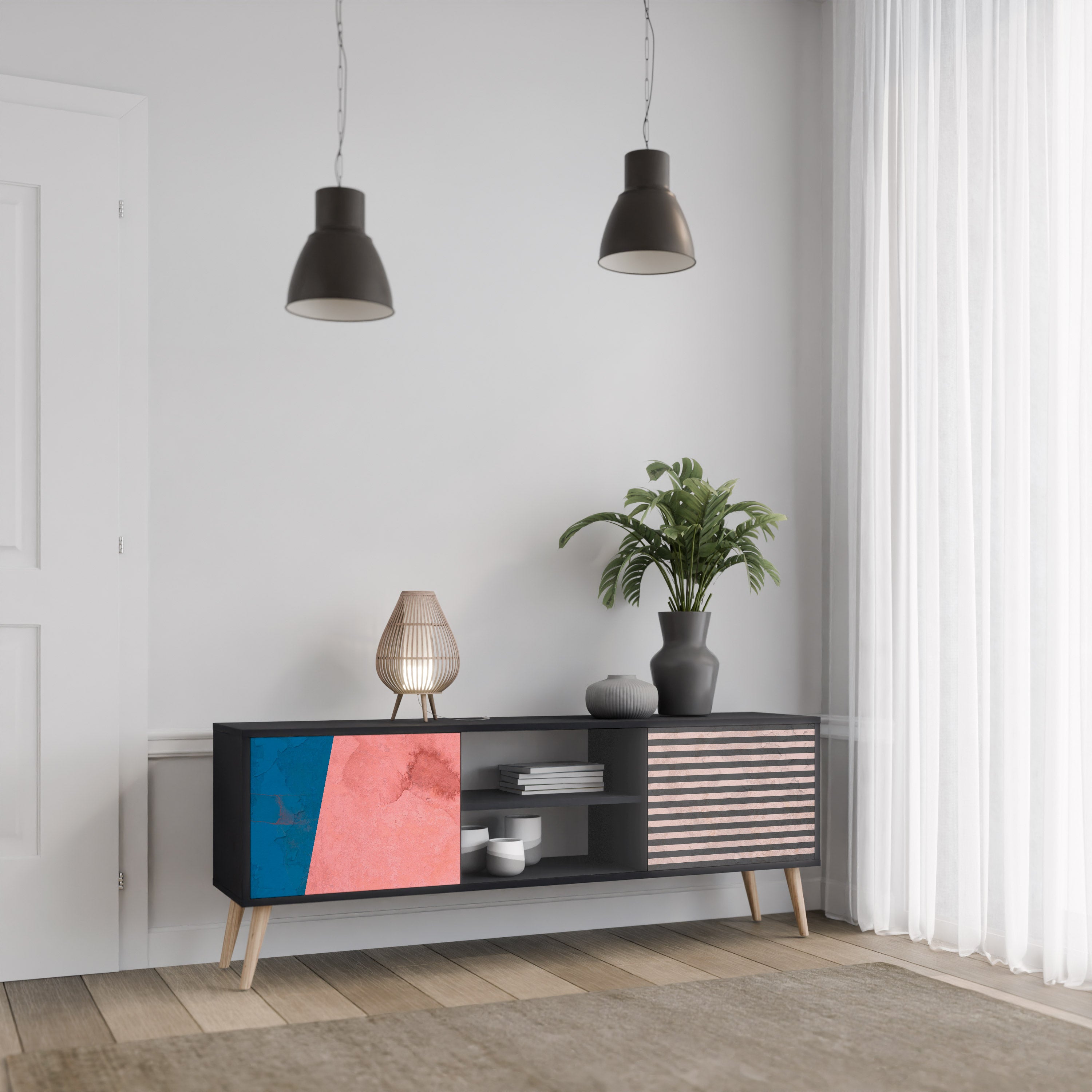 Mueble de TV GLAMOROUS STRIPE de 2 puertas con acabado negro